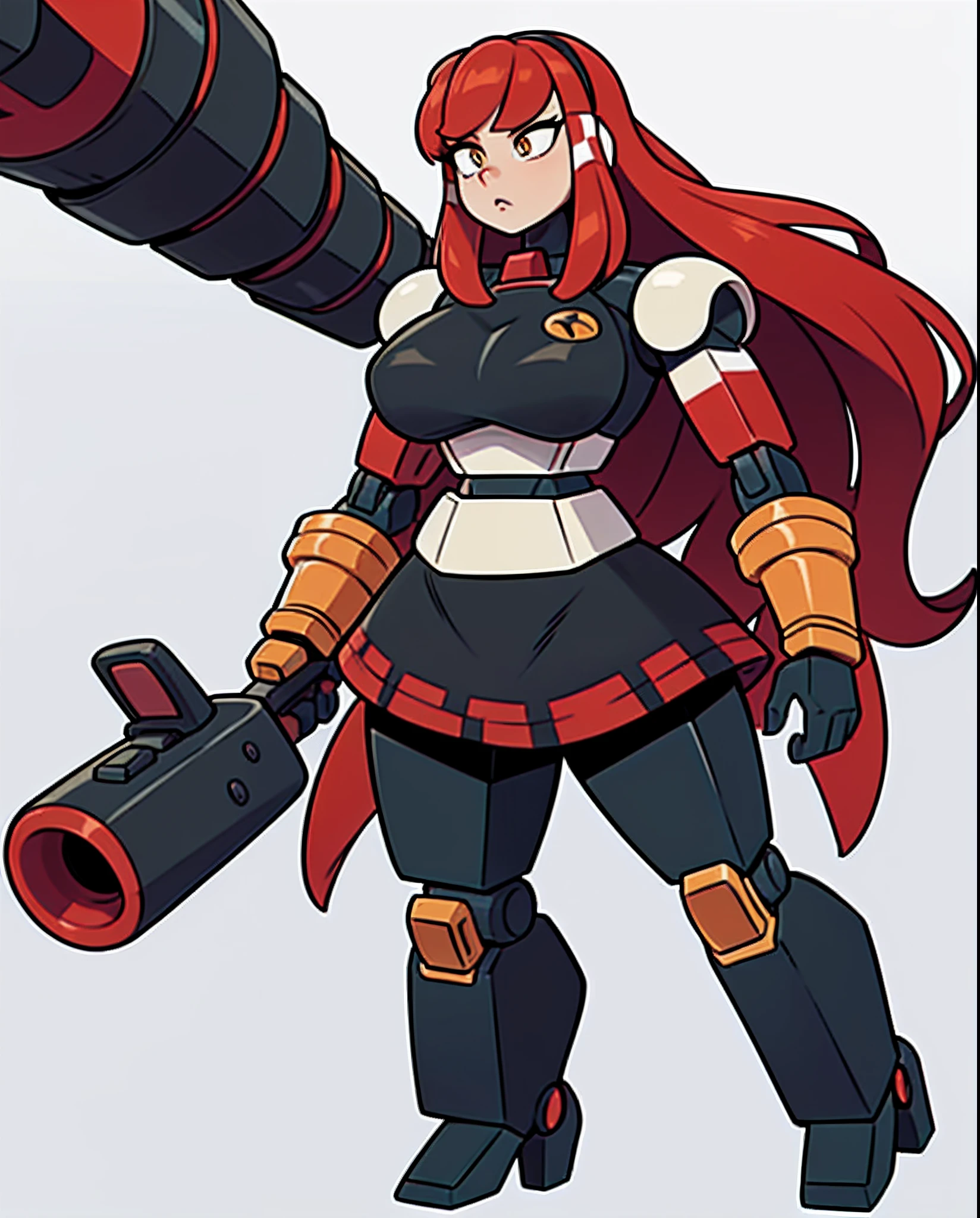 Masterpiece, high quality: a close up of a cartoon character holding a gun, mecha asthetic, female mecha, # mecha, mecha suit, mecha anime, mecha inspired, mecha animal, full body mecha suit, mecha art, mecha anthropomorphic penguin, greek god in mecha style, cool mecha style, full body red mech, heavily armored, large black dress, tall, tall and muscular build, tall with heavy armor, armored, black skirt, tall imposing figure