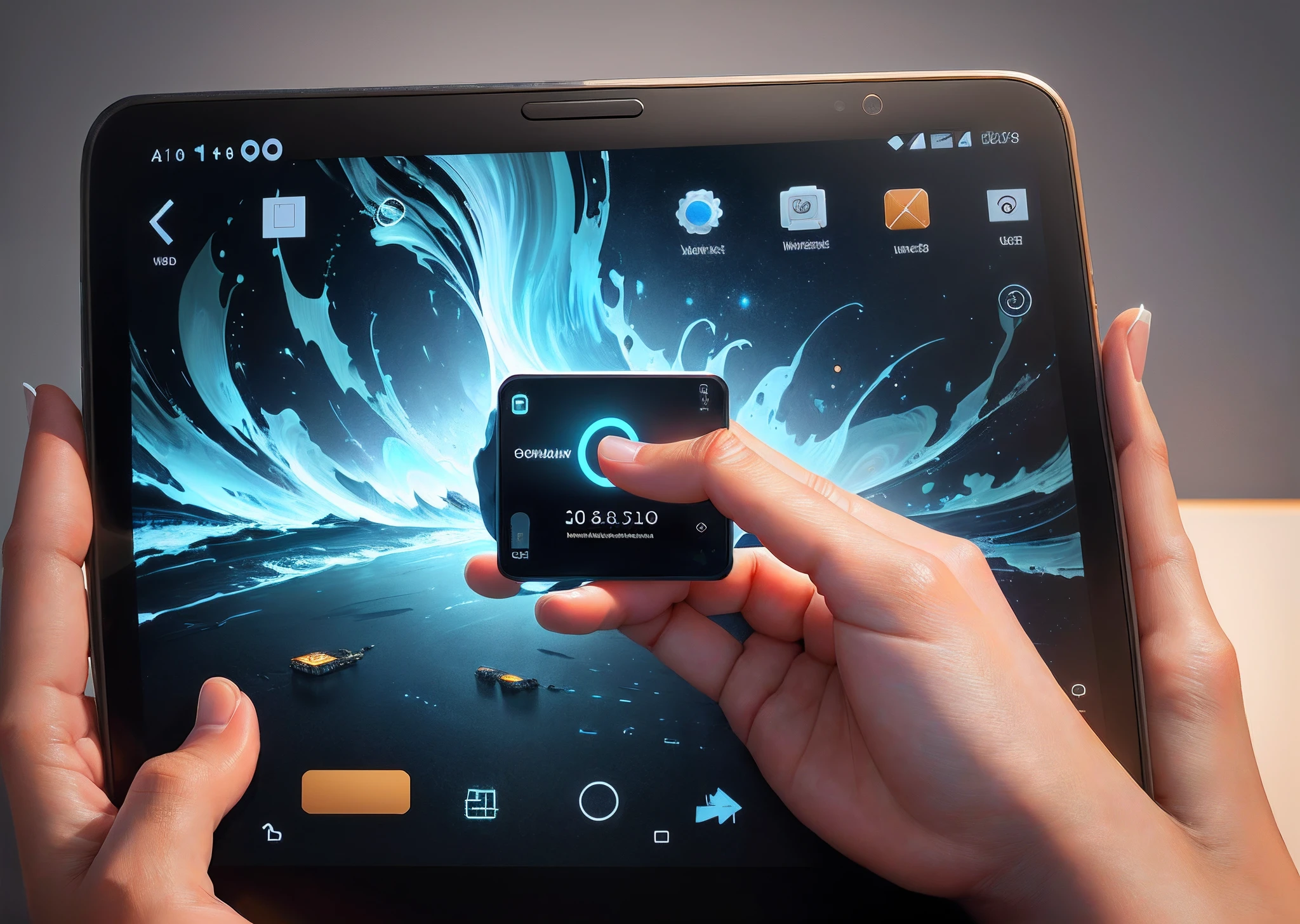 A picture of a sophisticated phone, held in a person's hand, showcasing one finger browsing with high-speed Internet service. Futuristic, hyper-detailed, hyper-realistic, world-class, top-notch, HD 5D, 8D, 8K, best quality, studio lighting, Creatively stunning, art by Adeomas_37
