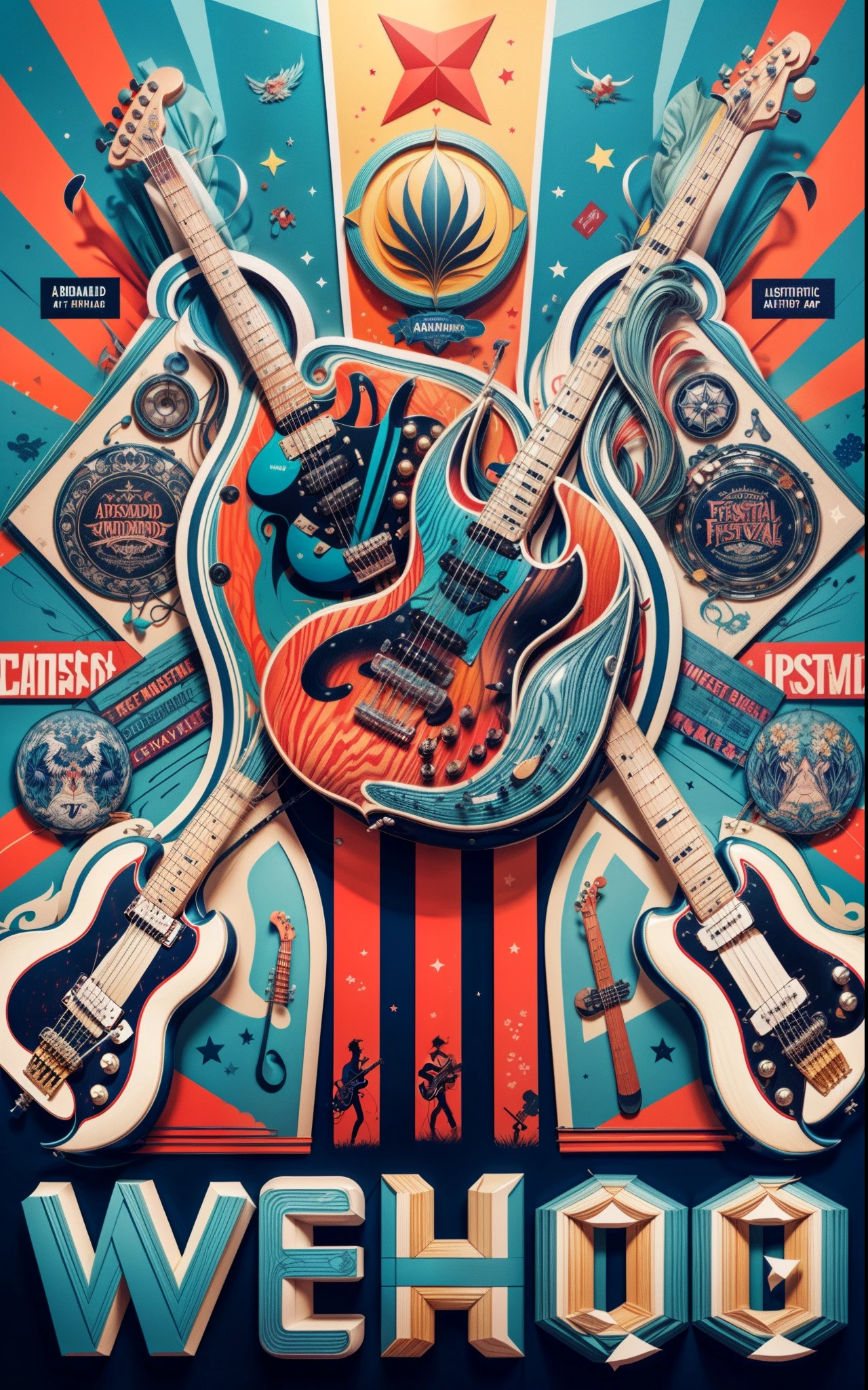 "Festival Wehoo" cartaz de propaganda da armadura, (background with illustrations of rock band instruments), (Illustrations of music icons), musical elements in the background, "Music Festival Poster", Festival de Cartazes, "music, arte de rua", Anos 90, tipografia, cartaz de propaganda, 4k, arte conceitual