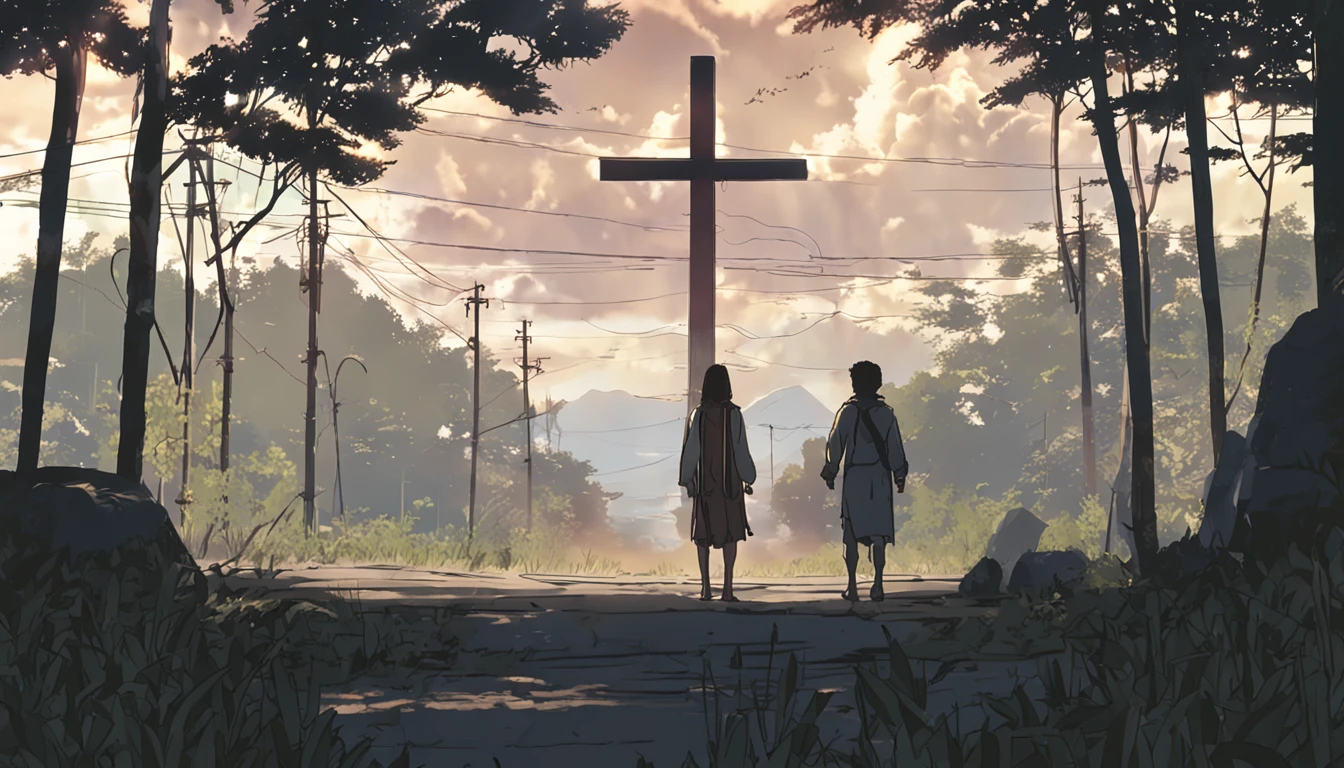 Jesus on the Cross, by makoto shinkai and ghibli studio, outlined silhouettes, Dramatic Lighting, Highly detailed, Incredible quality, Trending on ArtStation, masutepiece, 8K
