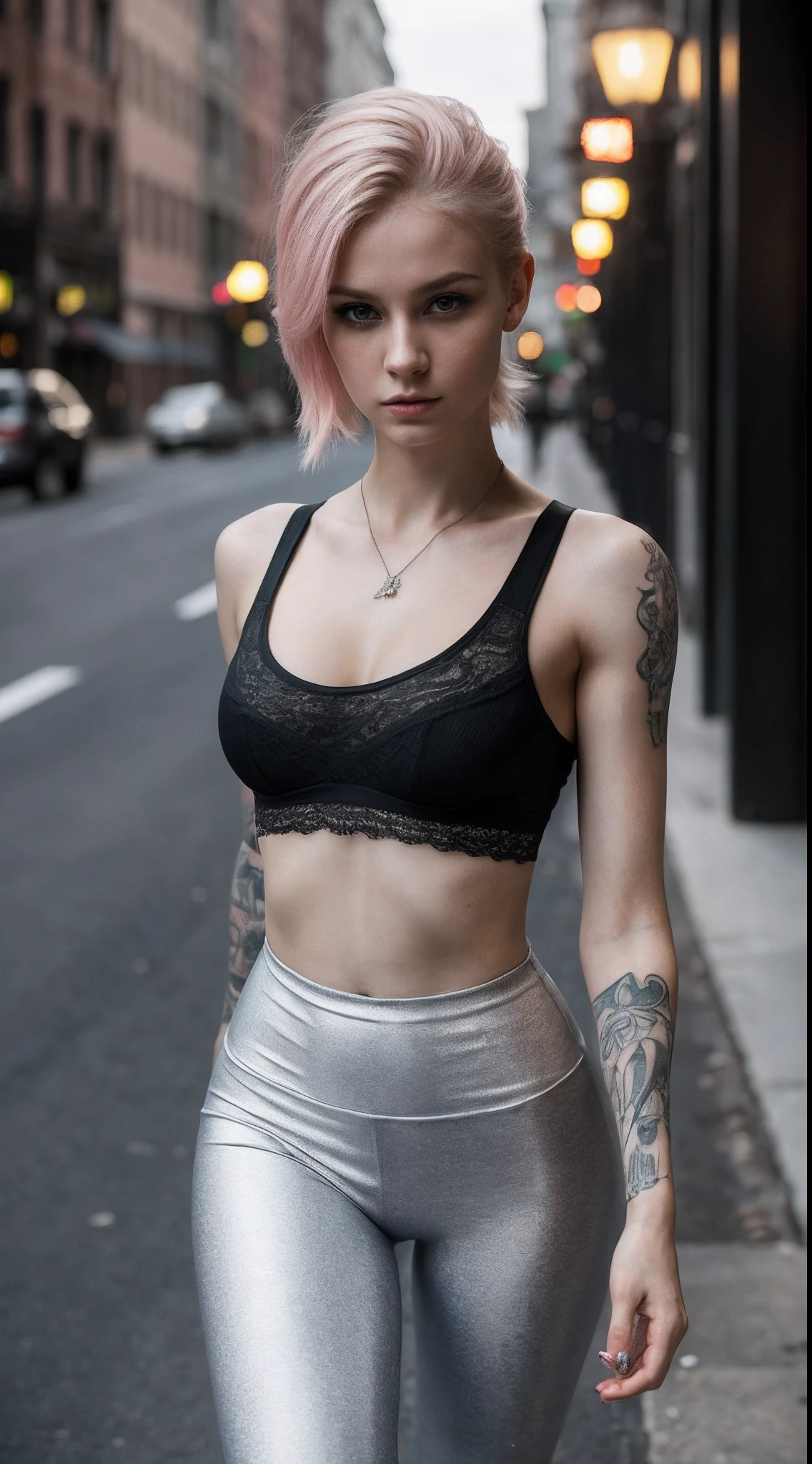 Award Photo of gorgeous Russian ( Feel free to sexy pose ) , 23 years old , Passionately teennorexic body , Tall , Skinny legs, Thigh big gap , Babe , Long legs , Big bell shape tits , Beautifull , Diamond face shape , Doll facial features , Giant upturned eyes , be creative to short haircut , white with soft Pink highlights Hair color , Pale skin , Soft redish skin , Full Neck tattoo , long neck, Punk , Tattoos , Thirsty open-mouthed, Bad girl , cute out sticking ears, Perfect round lips , Ultra detailed eyes , Strong mascara , Green eyes , Large fluffy eyebrows, 25mm Diva black eyelashes , (Amazing facial features) , Yoga pants , tight bra , Sport shoes , Looking forward , True - Life , Dirty Street , Reflector light , Masterpiece, Realistic, art of ANNIE LEIBOVITZ, Textured skin , Highest-quality , High Detailed photo , 8k, Canon EF 50mm f/1.8 STM