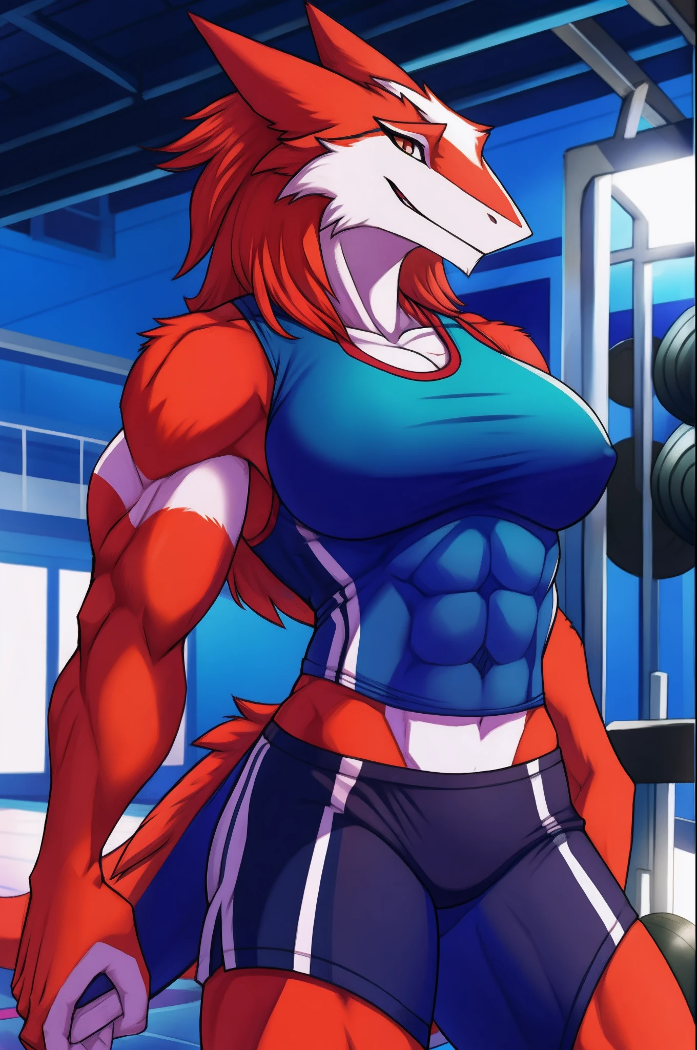 Sexy muscular female sergal, wearing gym clothing