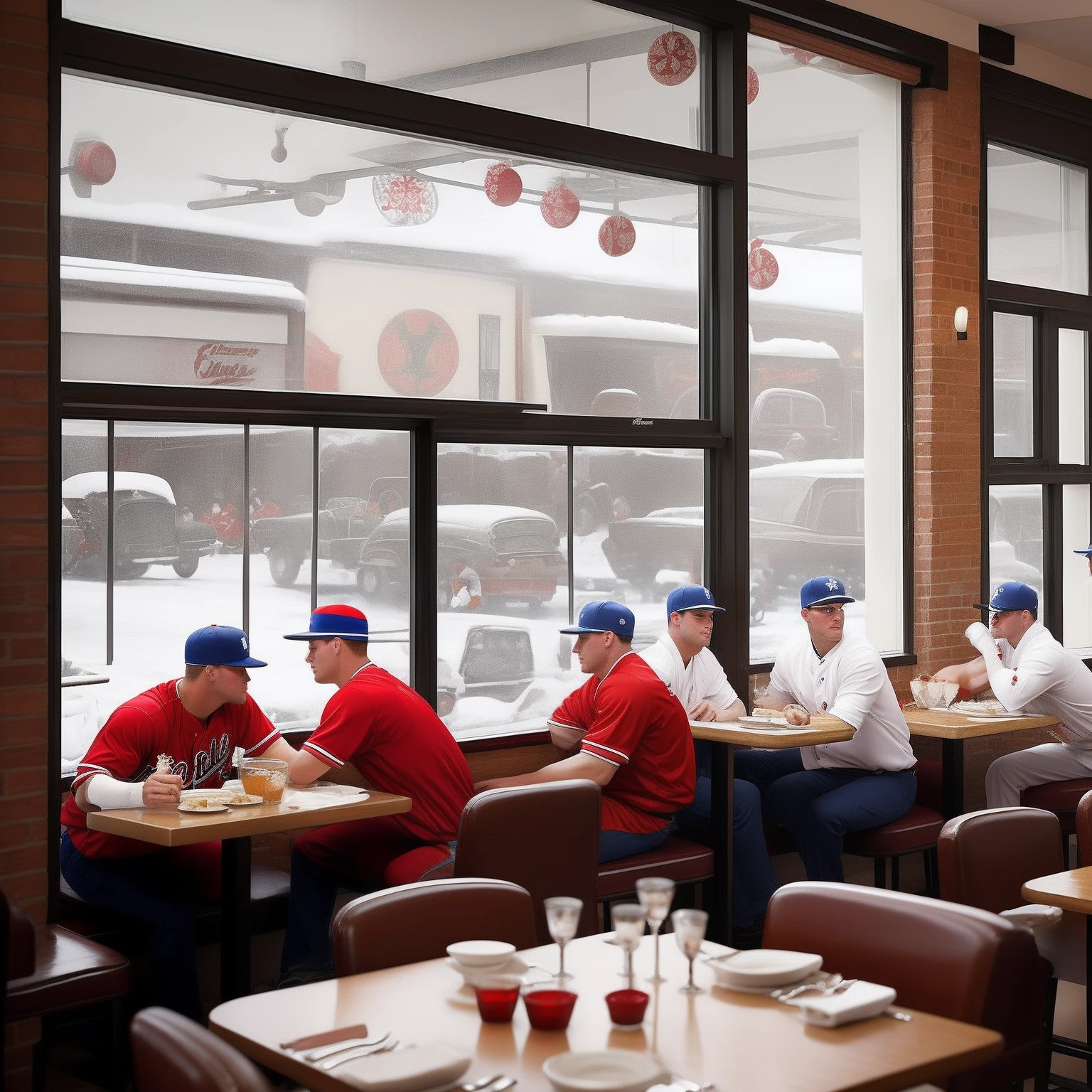 Retro restaurant with white painted snowflakes on the windows, fight in the parking lot, baseball players staring through the window, Micky mantel, in the style of Norman Rockwell, chaos