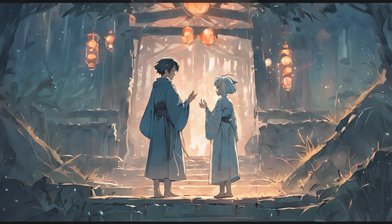 Illustration of Luka's encounter, o jovem pescador angustiado, e Aelius, The wise elder, In front of the hut, where they share a deep conversation that will change the course of Luka's life