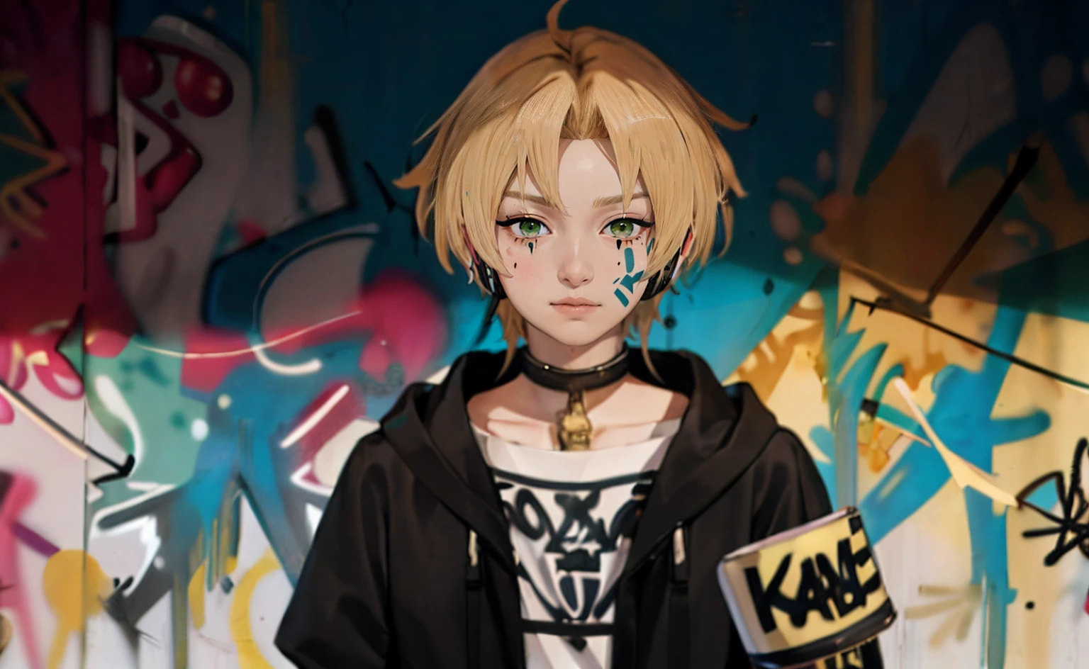 masterpiece, best quality, 1 boy, blonde Eboy haircut, solo, necklace, (graffiti:1.5), against the wall, looking at the viewer, armband, bored, hair, headset,