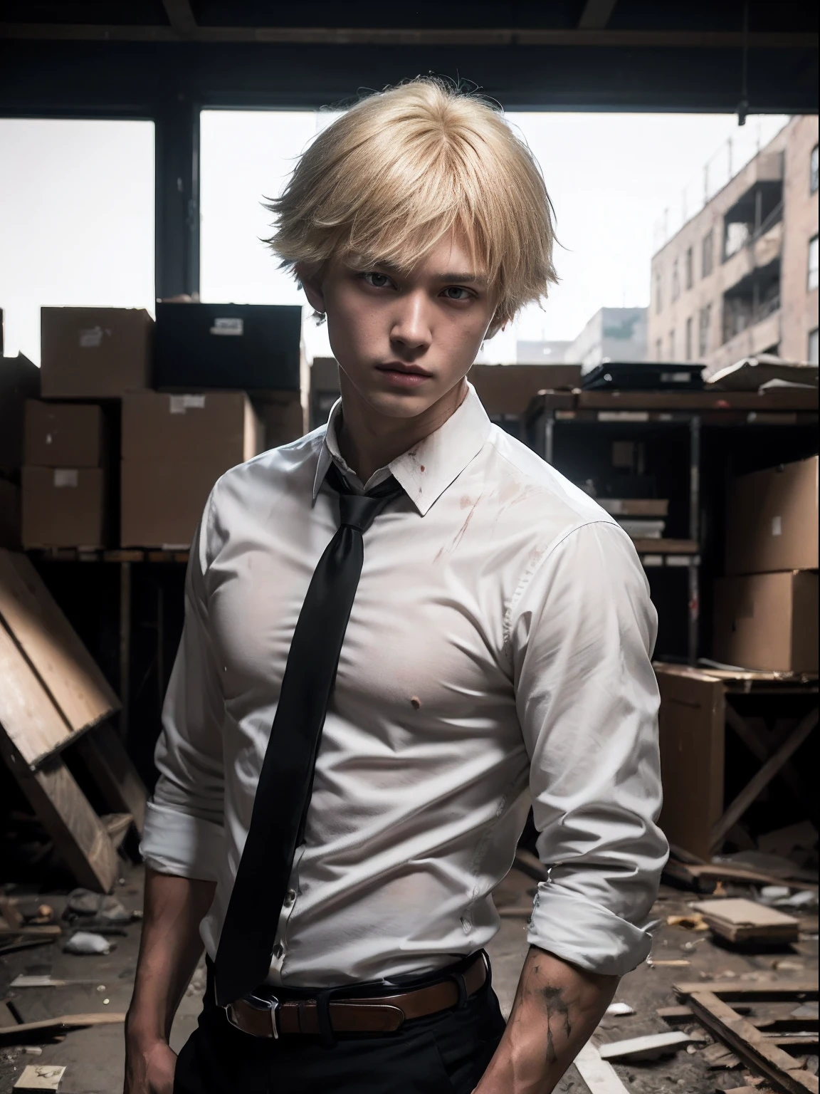 (best quality, masterpiece:1.4), denji, dja, yellow eyes, shirt, detailed face, sharp theeth, japanese boy, cowboy shot, ((Blonde hair)), ((white shirt, black pants)), ((black tie)), (((extreme blood on clothes))), solo, expressive face, cute smile, head focus, looking at viewer, very slim, skinny, dynamic camera angle, (photography:1.1), ((full body shot)), sharp stare eyes, ultra realistic, head tilt, ((very detailed abandoned warehouse background)), cinematic lighting, ((indoors)), photographed on a Canon EOS R5, 50mm lens, F/2.8, HDR, 8k resolution, bloom, depth of field, sharp focus, (realistic, hyperrealistic:1.4), intricate, high detail, dramatic mood, subsurface scattering, big depth of field, polished, sharpened, ((big depth of field)), (extremely absurdres),16k hdr,