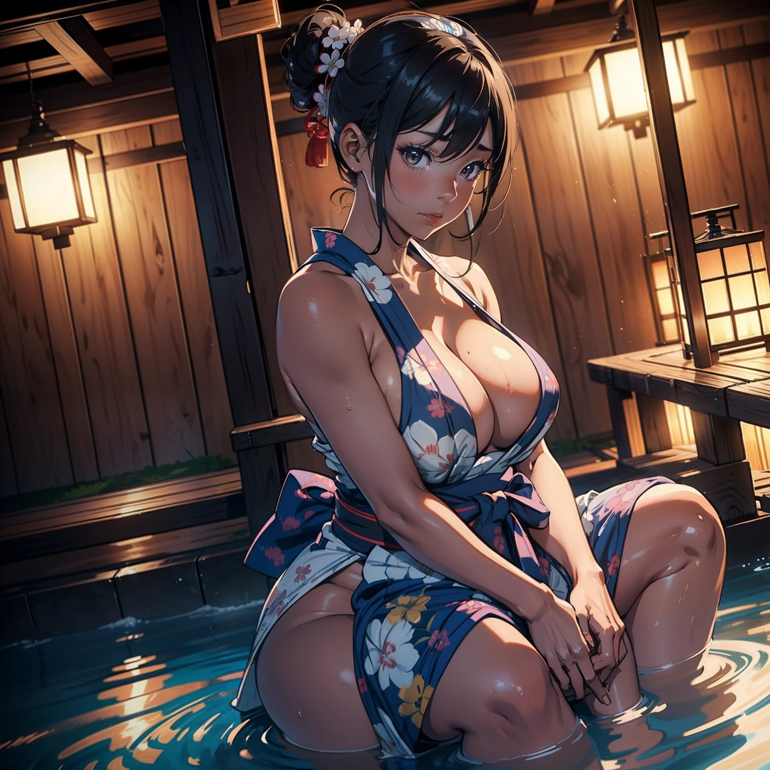 there is a woman that is sitting in a bath tub,(((A MILF: 1.4))), (Curvy:1.35),(((Dark skin))),kneeling,legs apart,Curvy physique, Fitness model, Thick body,blue yukata, (bare shoulders),(no bra),(no panties),(((cameltoe))),(((Breasts overflow from yukata))),(There is only yukata around the waist),Black areola ,Japanese onsen, high-end onsen, Onsen, sakimichan, komono, model in Japan,((Sexual suggestiveness)),from behind,