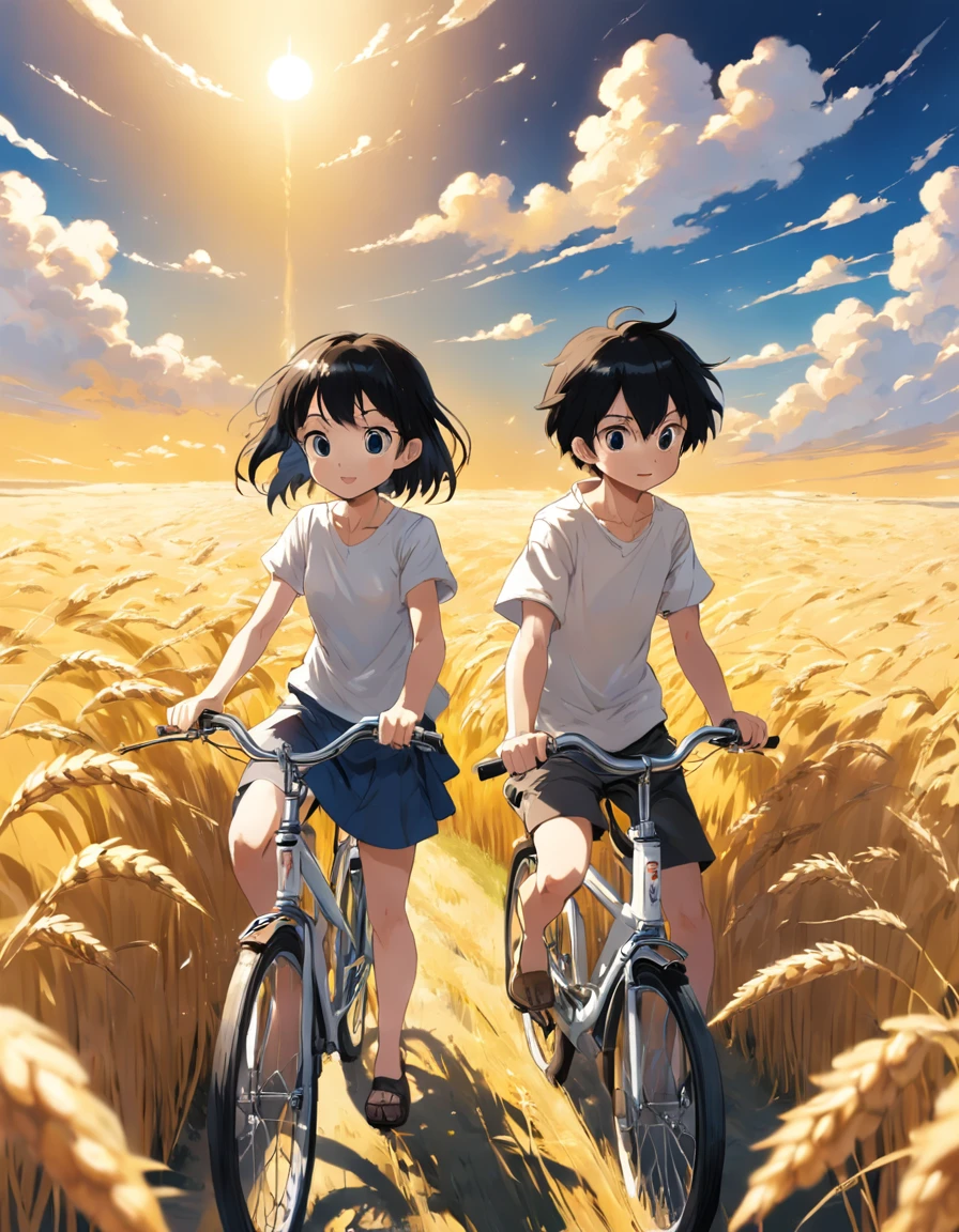 A boy and a girl ride a bike, Boy wears white shirt, with short black hair, Girls wear yellow shirts, cabelos preto e longos, Pass by endless fields of golden wheat。Magnificent scene, Clear blue sky, White clouds, The world of manga by Hayao Miyazaki.