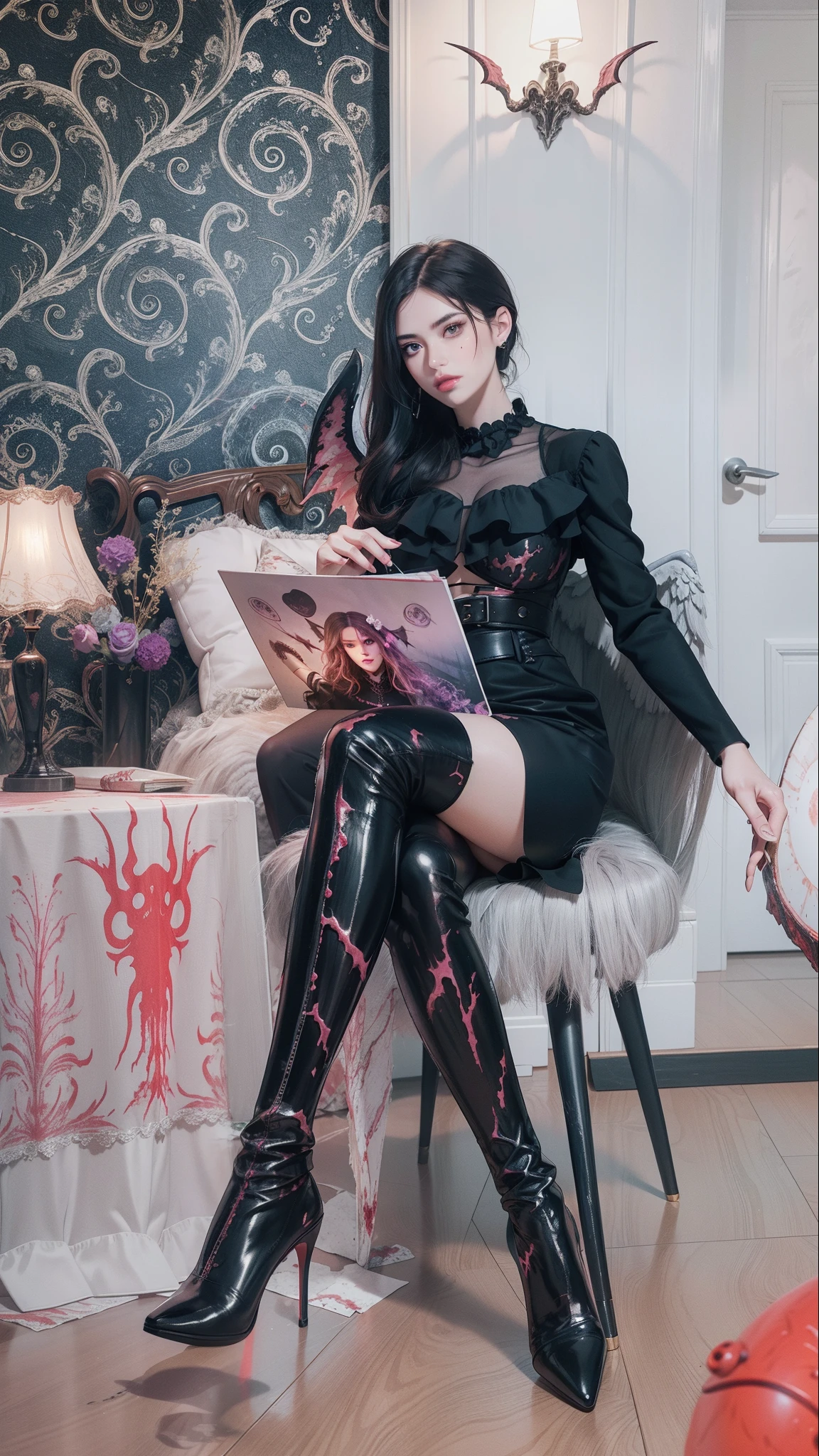Fine matte paint,Skeleton Dark Angel, Haunted castle with large wings, Fill the drawing table with a knife,terroral,uncanny,horrid,secret terror,tentaculata,grape trees,The eye,uncanny valley effect teeth,all fours,Critters,Blood Moon,8K,Blu-ray quality,high qulity,Beautuful Women,Delicate face,high-heels