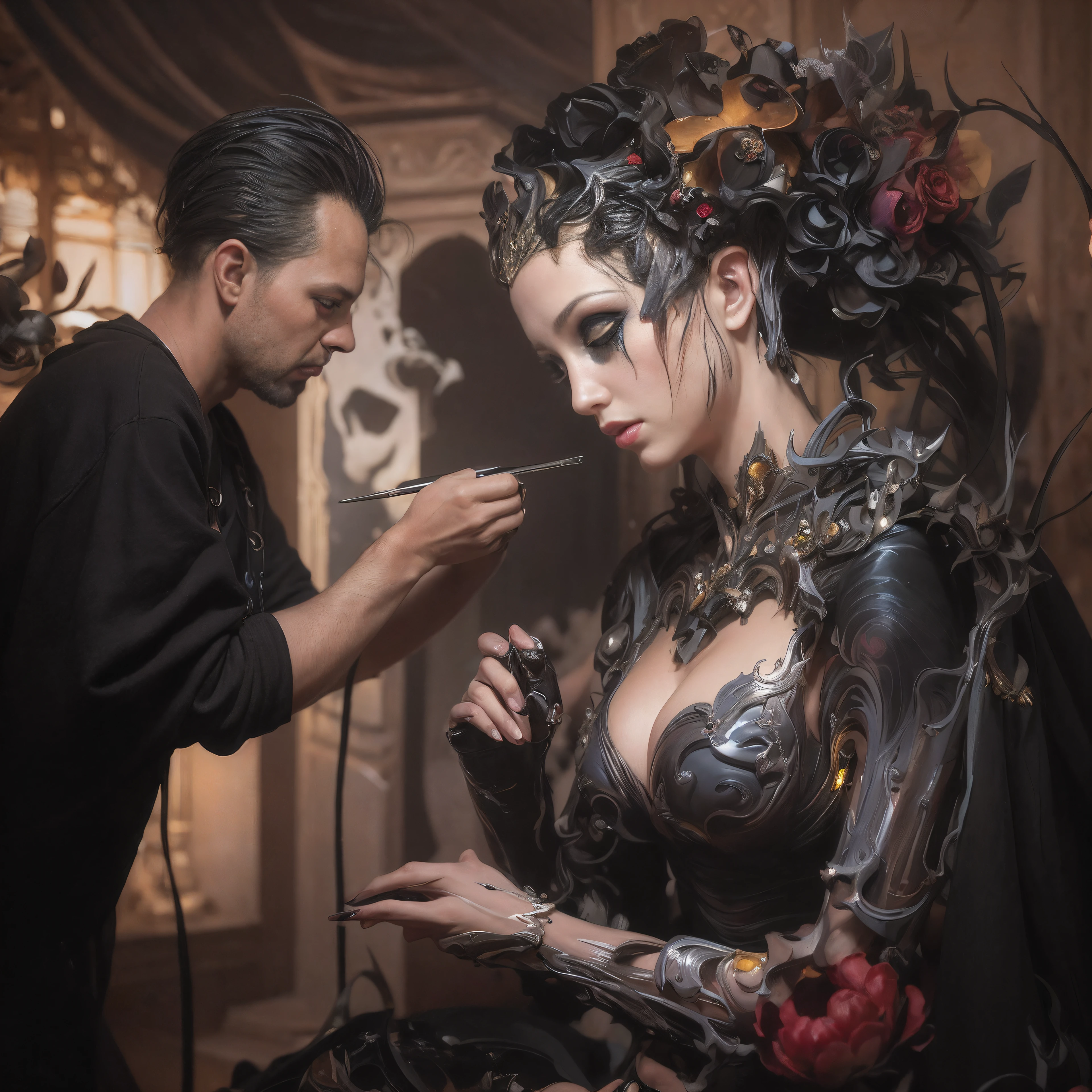 arafed woman in a black dress painting a statue of a woman, hyperrealistic fantasy art, airbrushing, karol bak and peter mohrbacher, model painting, painting come to life, incredible digital art, amazing digital art, tomasz alen kopera and cgsociety, full body painting, tom bagshaw weta studio, airbrush art
