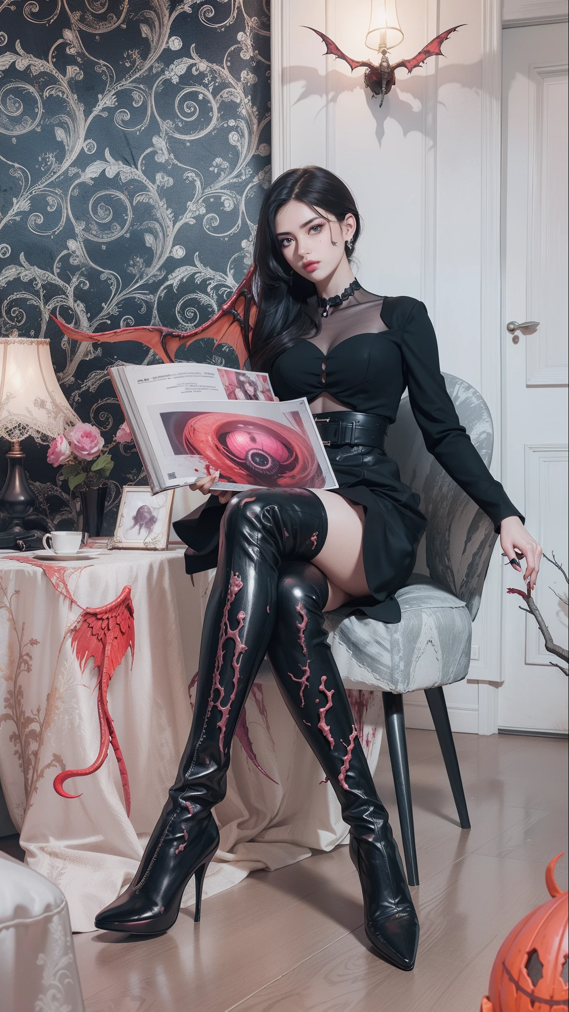 Fine matte paint,Skeleton Dark Angel, Haunted castle with large wings, Fill the drawing table with a knife,terroral,uncanny,horrid,secret terror,tentaculata,grape trees,The eye,uncanny valley effect teeth,all fours,Critters,Blood Moon,8K,Blu-ray quality,high qulity,Beautuful Women,Delicate face,high-heels