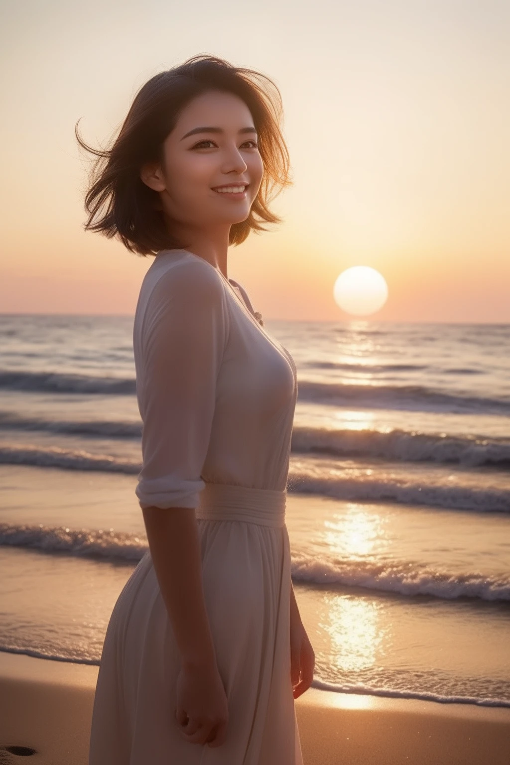 "Captivating Beauty Amidst the Sunset: A Masterpiece"
Description: In this scene of utmost quality, set against the backdrop of a serene beach bathed in the warm hues of a sinking sun, a beautiful woman in a uniform stands as the focal point. With an enchanting smile gracing her lips, her hair dances freely in the gentle breeze. As she walks along the sandy shore, a sense of tranquility and elegance fills the air, creating a captivating masterpiece that transcends time. This is a moment frozen in time, a harmonious blend of nature's splendor and human grace that evokes a deep sense of awe and admiration.