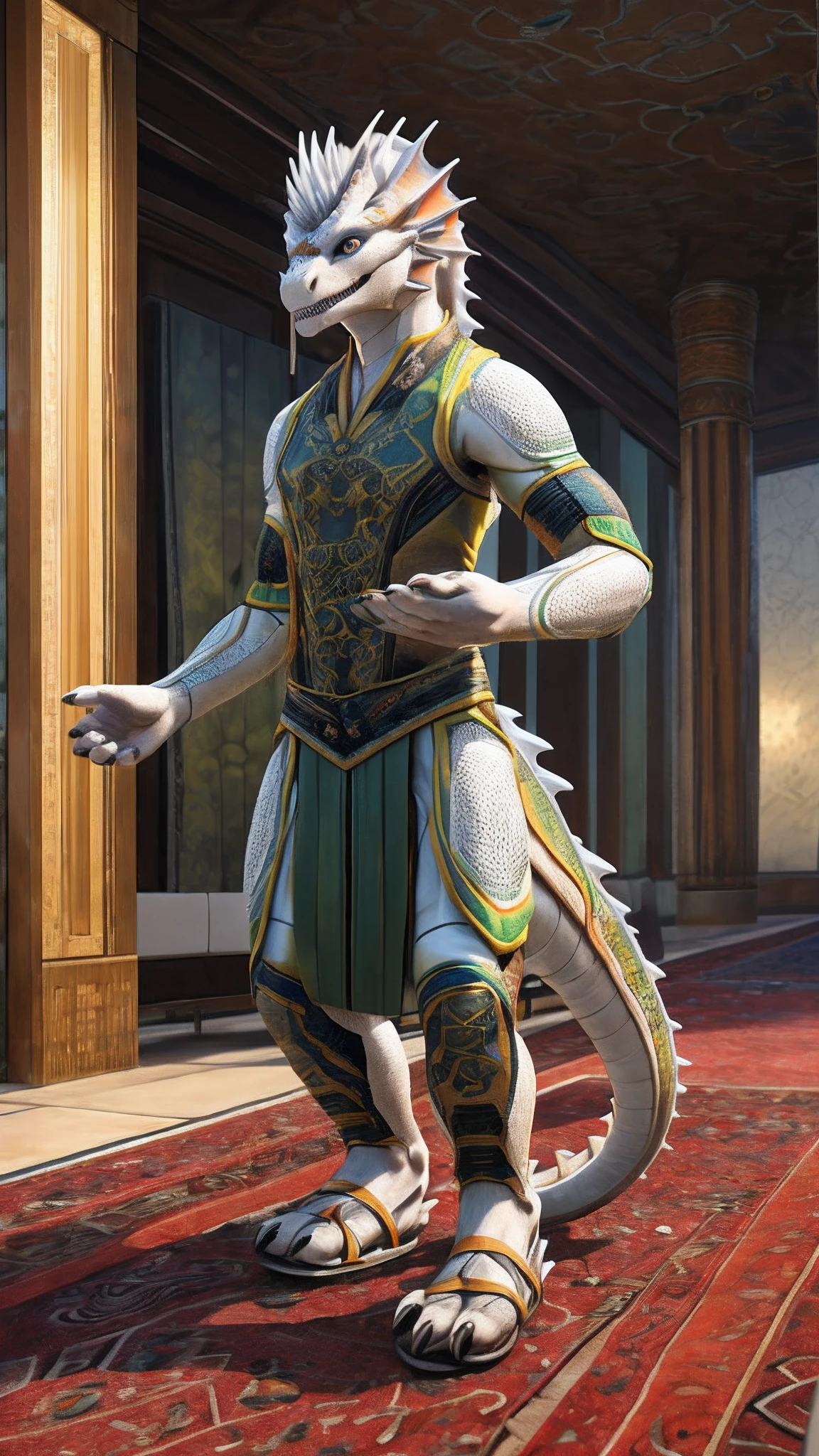 Bionic dragon,female,White Hanfu,sandals,anthor,Children,Standing on the carpet in the hotel,HD graphics,Detailed and realistic,high detal,high qulity,photo-realistic,photorealistic eye,Detailed paws,Clear eyes,Masterpiece artwork,Five-fingered hands,top-quality,32k,hyper HD