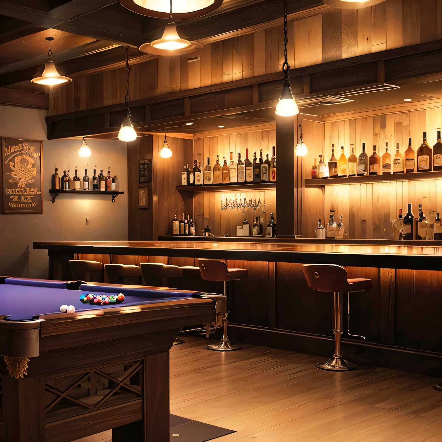 There is a pool table in the middle of the room with a bar, Bar illustration/lounge, BAR background, Inside the bar, Speakeasy bar background, Background bar, Background bar, Anime Background Art, at bar, Lounge background, a bar counter, Pool Room,