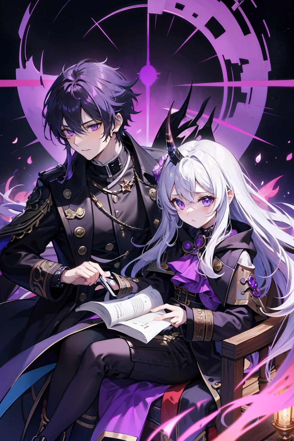 Purple horn Kakuji Ben cabelos preto e longos Purple eyes steampunc Black coat carriage {{ember}} male people