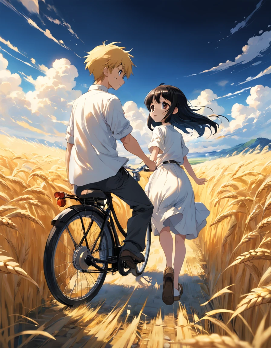 A boy and a girl ride a bike, Boy wears white shirt, with short black hair, Girls wear yellow shirts, cabelos preto e longos, Pass by endless fields of golden wheat。Magnificent scene, Clear blue sky, White clouds, The world of manga by Hayao Miyazaki.