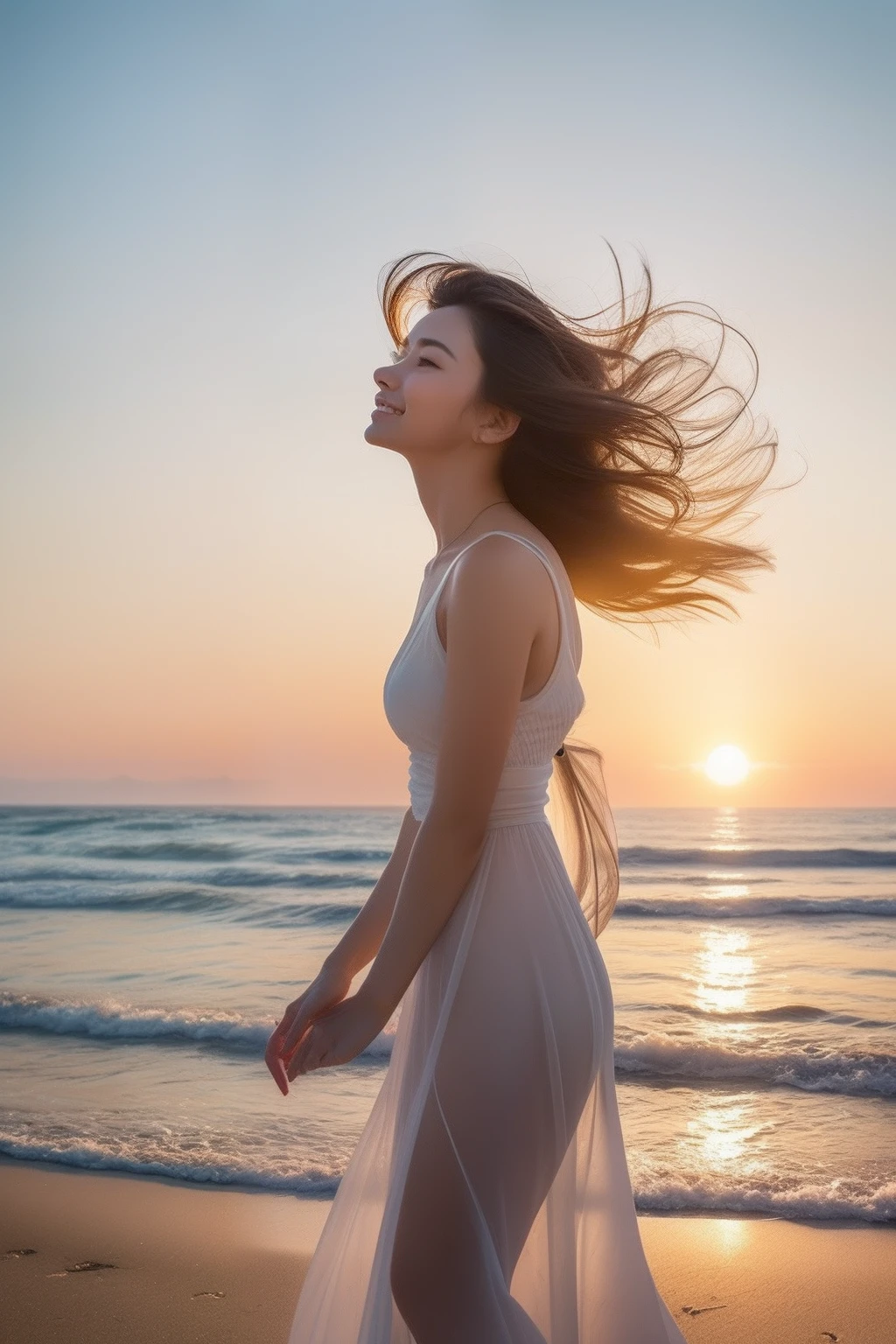 "Enchanting beauty in the sunset: Super masterpiece" Description: In this scene of the highest quality, Against the backdrop of a serene beach bathed in the warm shades of the setting sun, Beautiful young woman in white clothes stands as focus. adorns her lips with a seductive smile, Her hair dances freely in the breeze. While walking on the sandy beach, A feeling of tranquility and elegance fills the air, Create timeless and captivating masterpieces. This is the moment frozen in time, A harmonious blend of natural splendor and human elegance、Evokes a sense of deep awe and admiration.