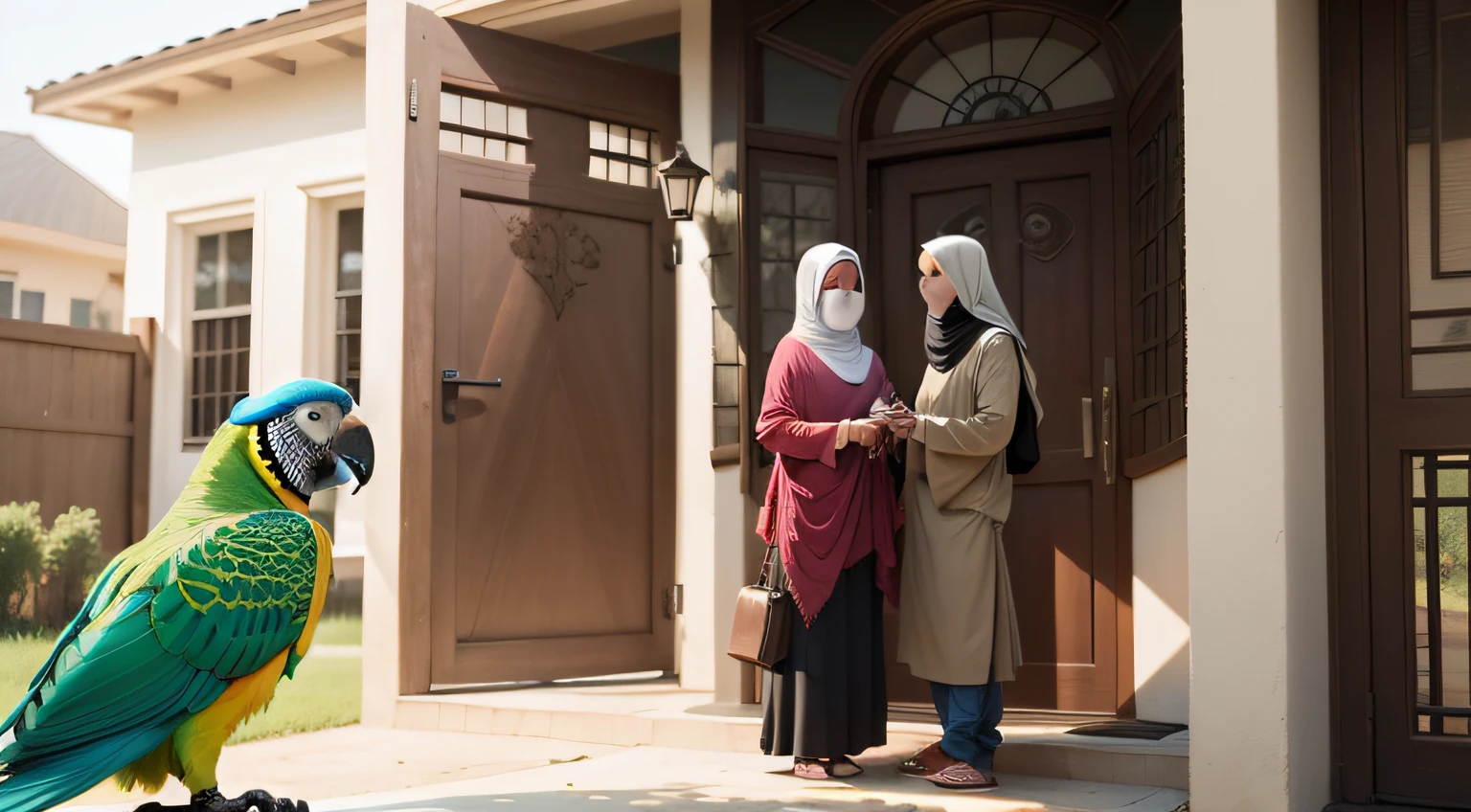 a photo realistic picture of normal parrot welcoming an moslem human guest with hijab in front of a house