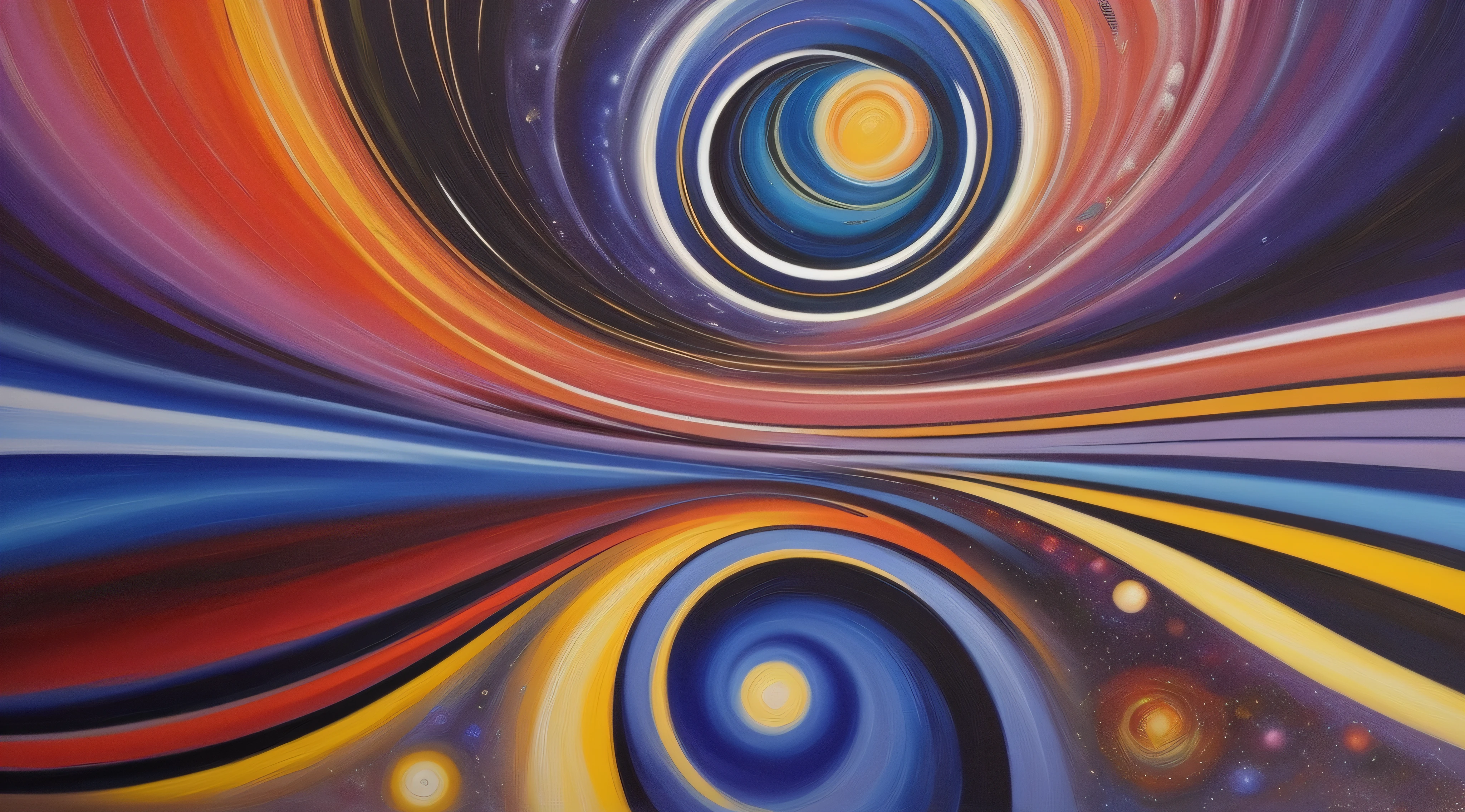 painting of a colorful swirl with a yellow center, swirling flows of energy, swirling vortex of energy, orbital rings, inspired by Martiros Saryan, swirling scene, surreal oil on canvas, swirling energy, by Amanda Sage, planets colliding, frenetic oil painting, futurism painting, abstract surrealism masterpiece, abstract oil painting, swirling