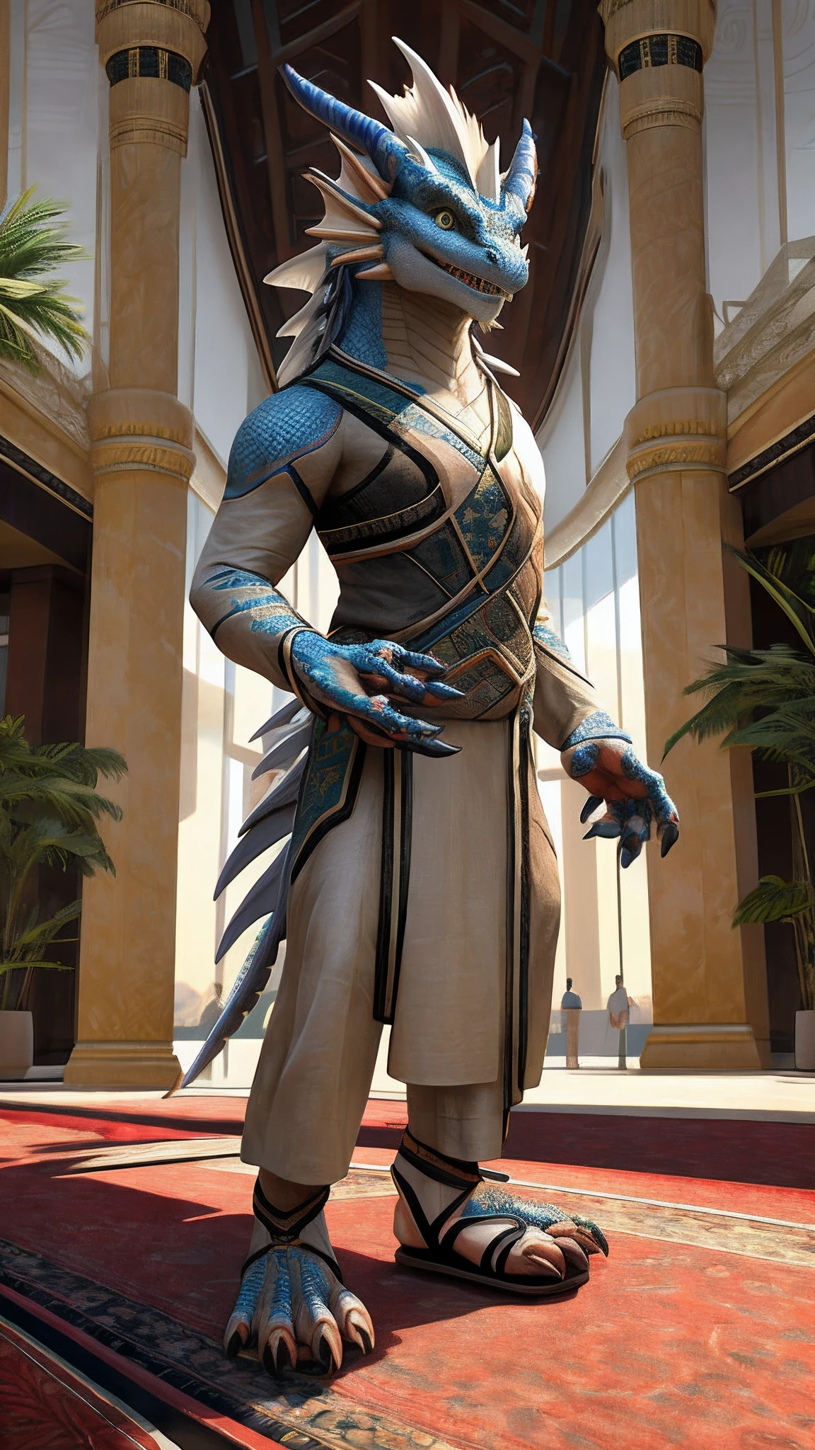 Bionic dragon,female,White Hanfu,sandals,anthor,Children,Standing on the carpet in the hotel,HD graphics,Detailed and realistic,high detal,high qulity,photo-realistic,photorealistic eye,Detailed paws,Clear eyes,Masterpiece artwork,Five-fingered hands,top-quality,32k,hyper HD