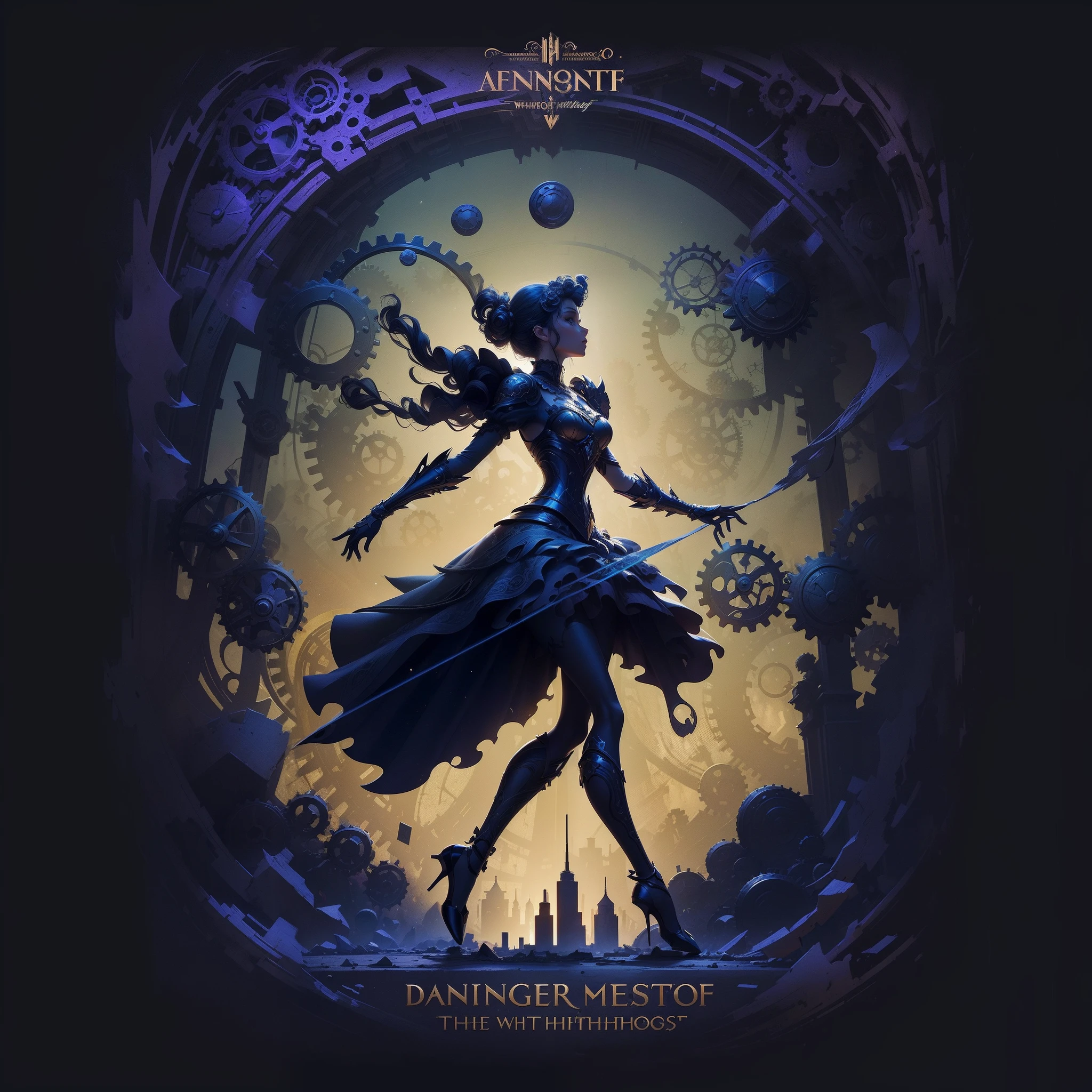 ((masterpiece)), best quality, A vintage, playful vectorized design of a (Dancing with Shadows at Twilight), (Synthetic Memories: Unraveling Tomorrow's Past) (Beneath armor's embrace, I'm a sentinel strong, A symphony of cogs, where I truly belong. What mechanical harmony am I part of?)
