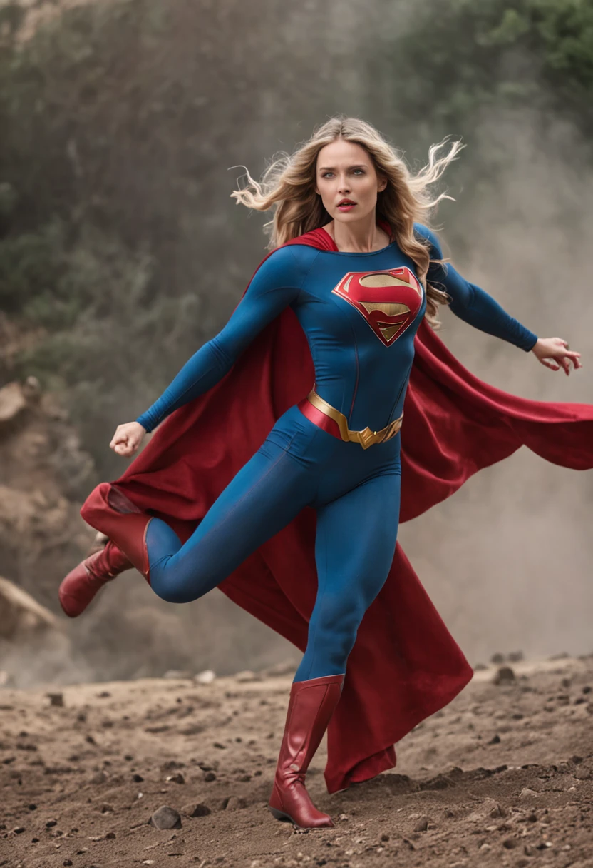 "epic battle scene with Superman and Supergirl unleashing their powers"