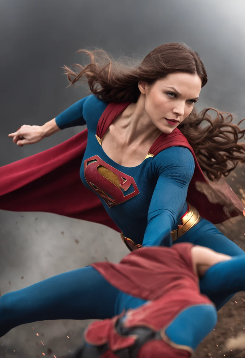 "epic battle scene with Superman and Supergirl unleashing their powers"