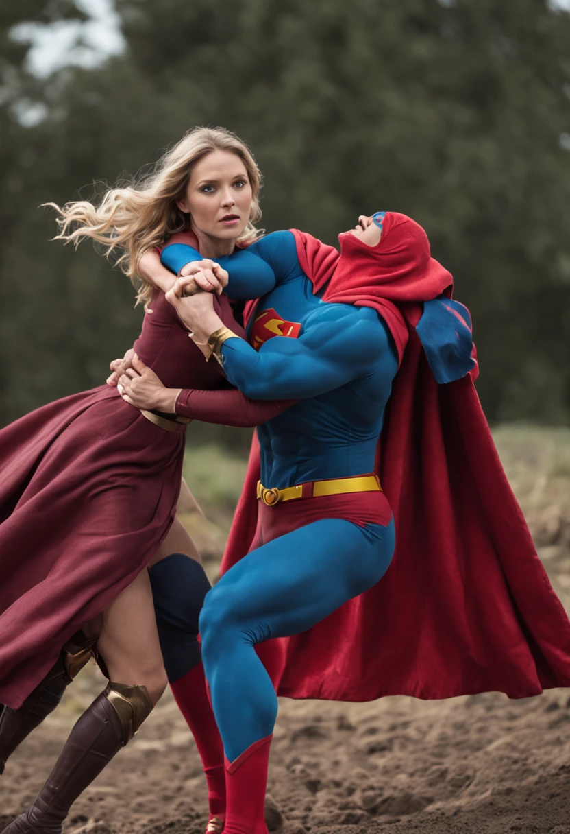 "epic battle scene with Superman and Supergirl unleashing their powers"