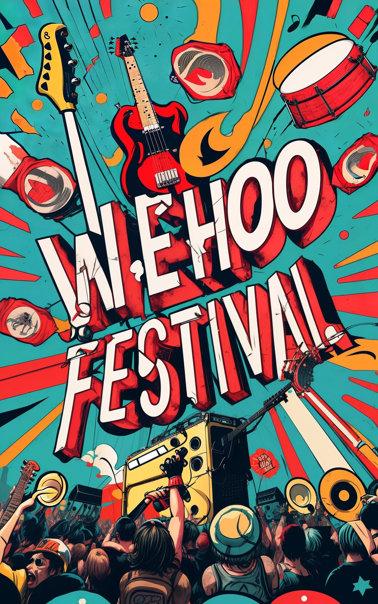 "WEHOO FESTIVAL" armor propaganda poster, rock festival, (background with illustrations of rock band instruments), (music icons illustrations), "music festival poster", festival poster, "music, street art", 90s, typography, propaganda poster, political, vintage., 4k, conceptual art