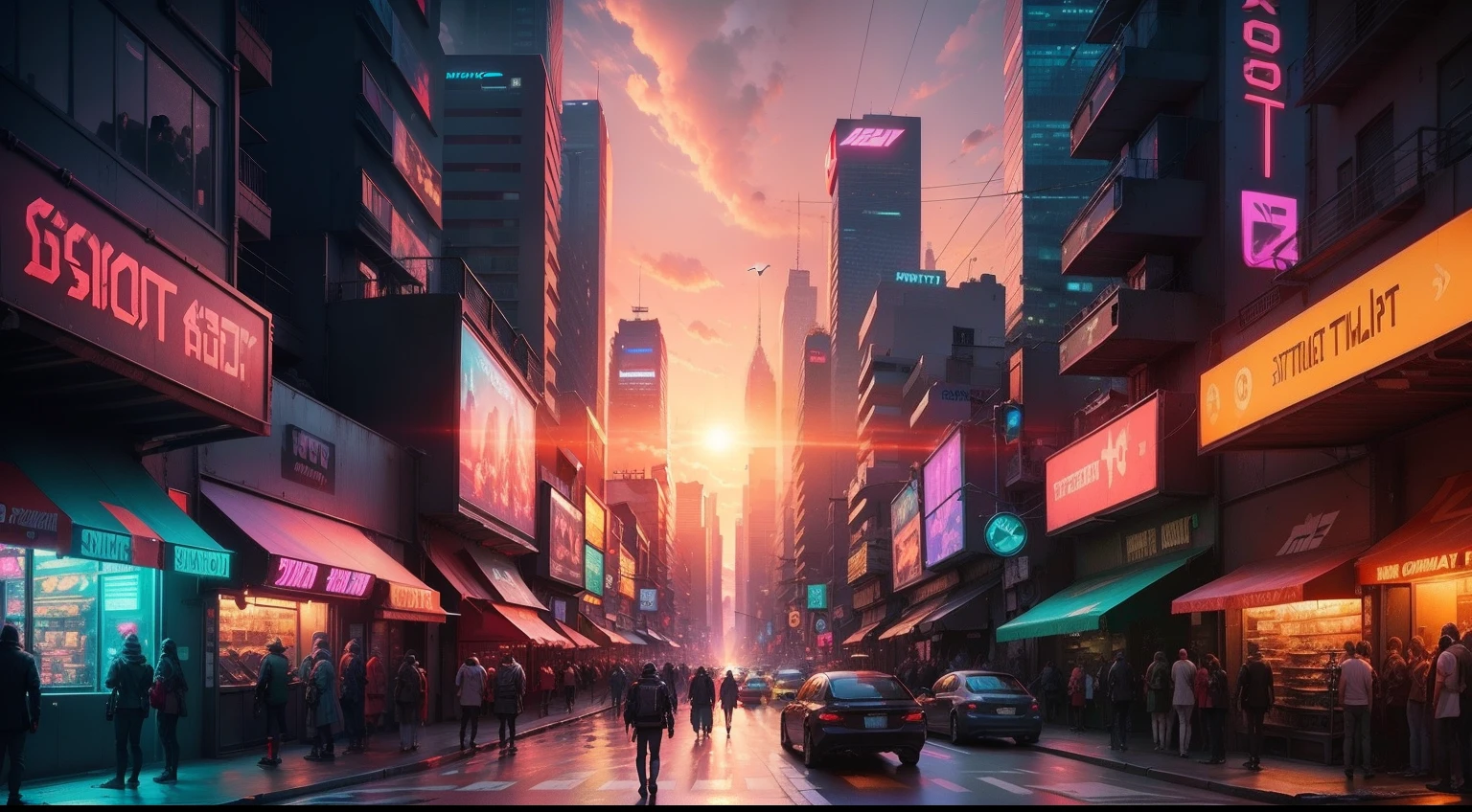 street level shot of a busy futuristic city street metropolis day, sunset, cyberpunk, neon lights