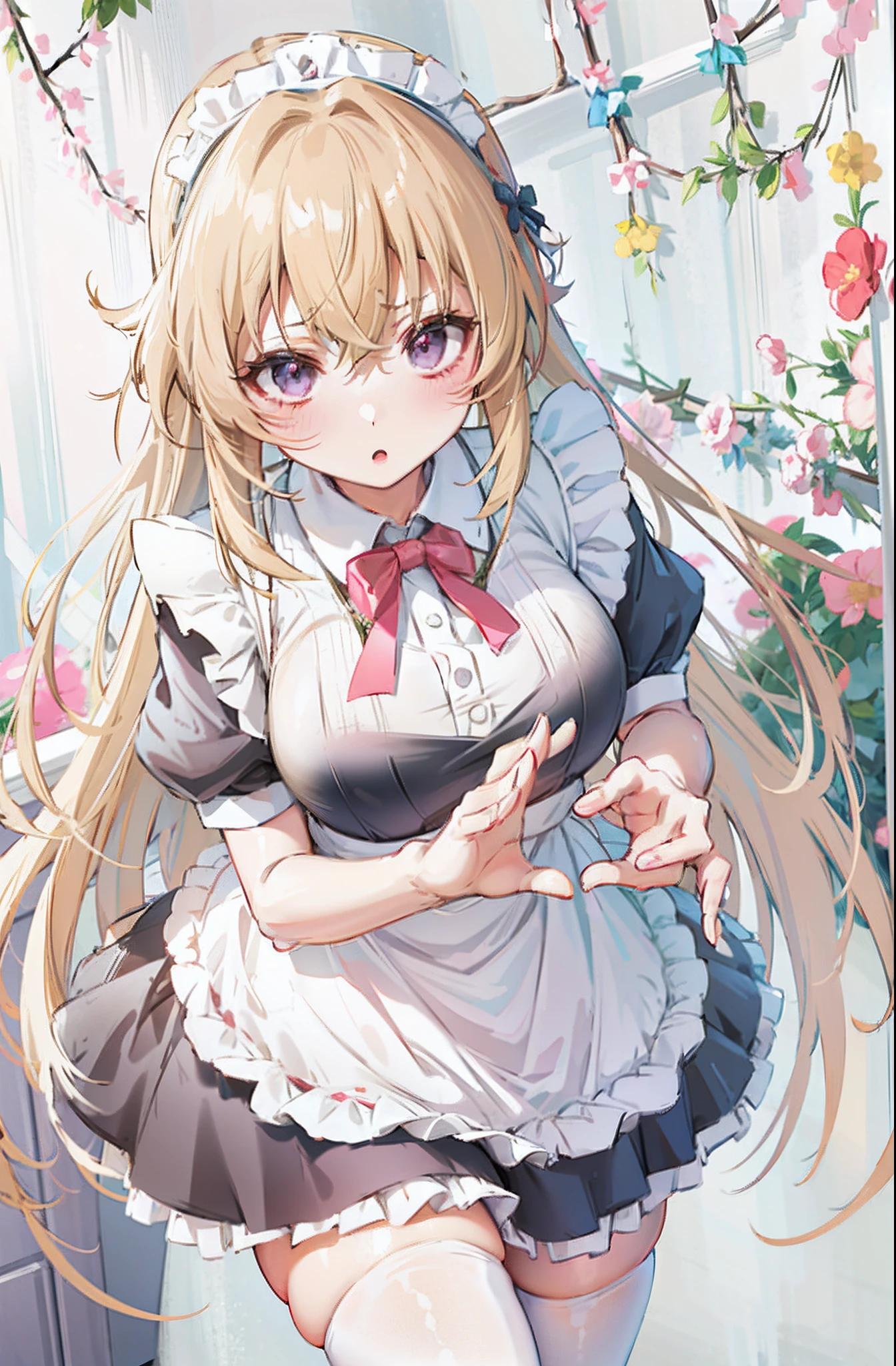 Anime girl in maid costume with flower background, **** in dress, Splash art anime ****, anime girl in a maid costume, anime moe art style, small curvaceous ****, cute anime waifu in a nice dress, portrait of ****ta, ****, gorgeous maid, anime cat girl in a maid costume, Detailed key anime art, a maid in a magical forest