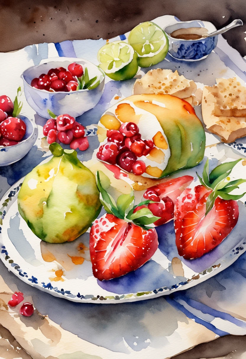 Place the product image on the table next to the cup containing the effervescent tablets,breads,Cupcakes,kawa,tropical fruit