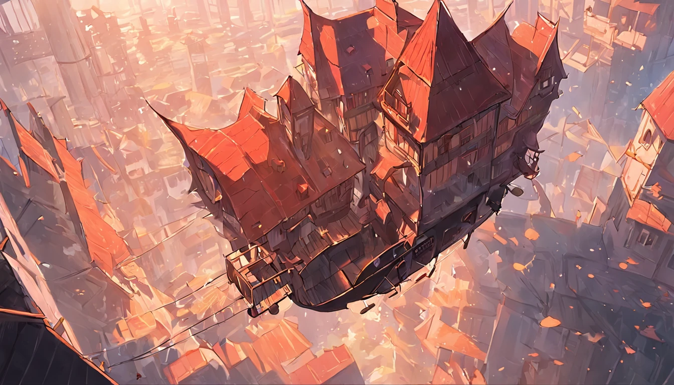 Illustration Metro vilage, flying houses, Medieval house is flying, wooden stair, flying train, Red Star Yellow Flag,