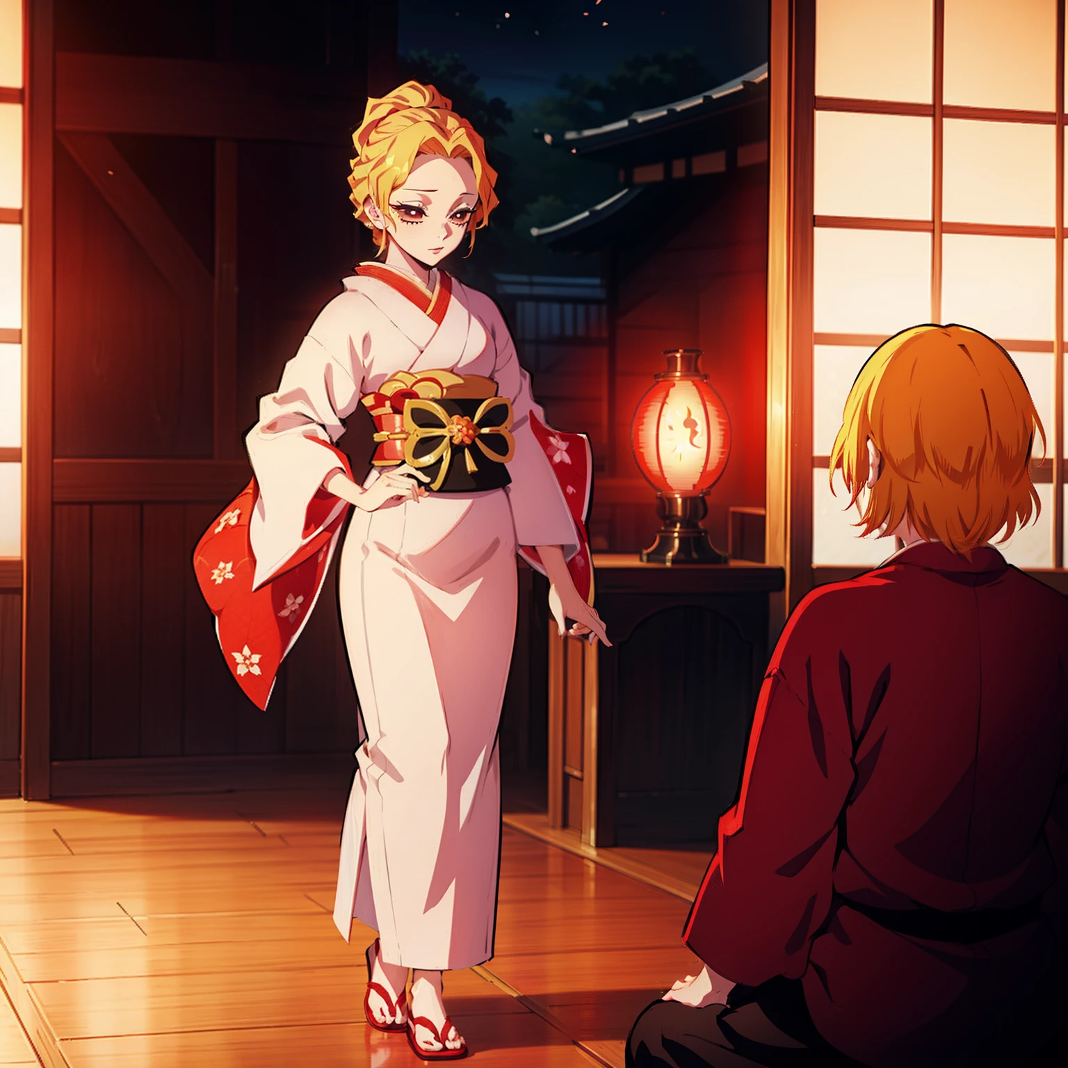 "Kimetsu no Yaiba style, portrays a single geisha girl in a splendid kimono, radiating beauty and elegance with beautiful blonde and red hair, capturing the essence of a graceful, self-effacing courtesan confident, passionate, flashy and full of energy."