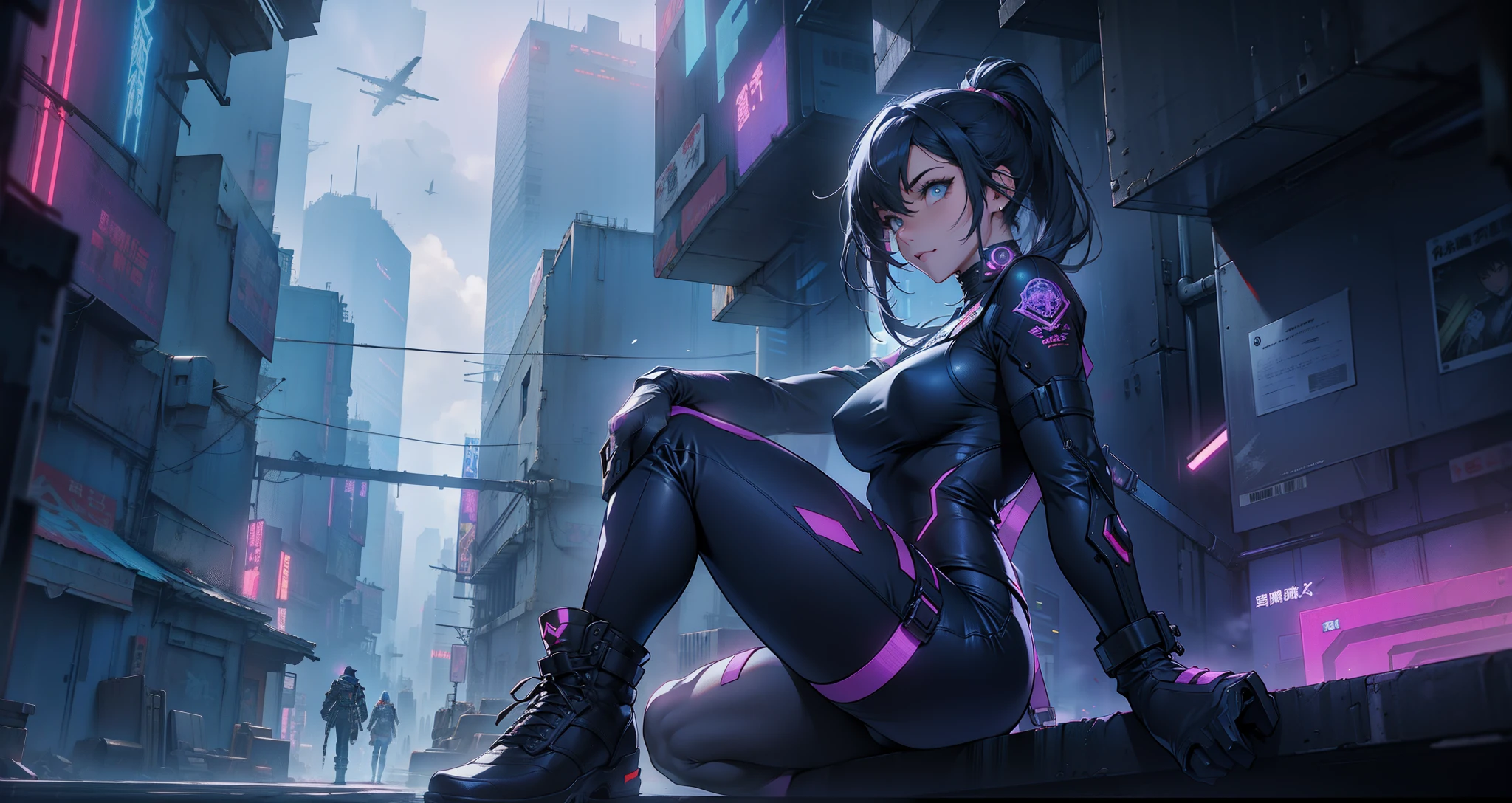 With the scenery of a cyberpunk city lined with skyscrapers、Her presence is enchanting,、Wrapped in mysterious magic