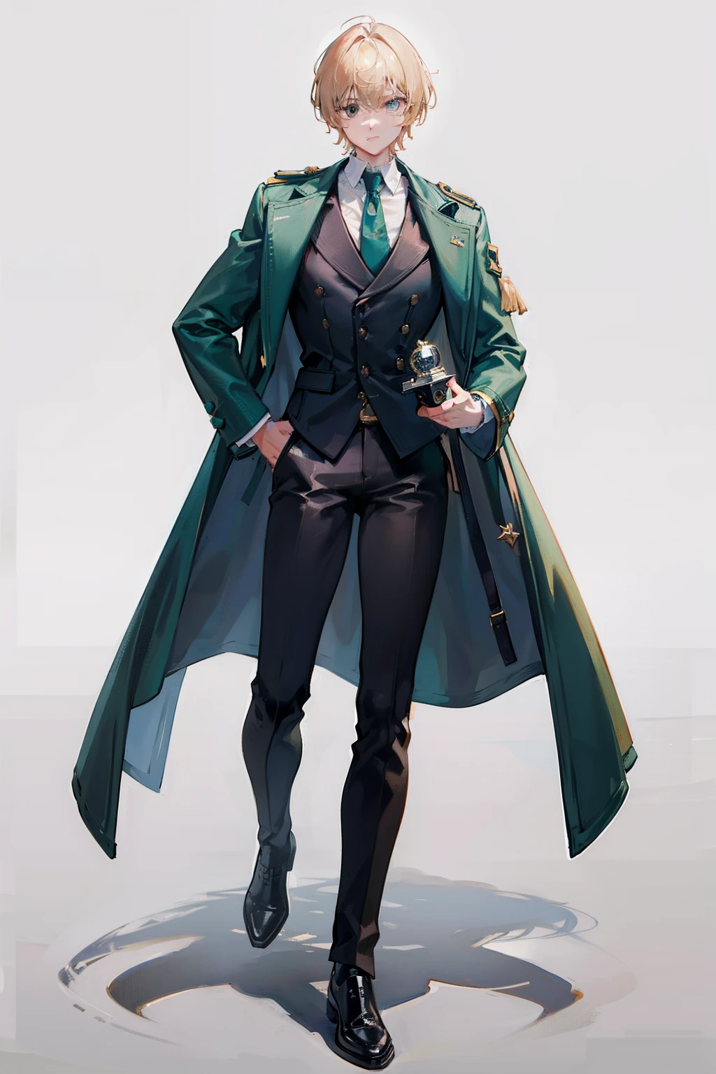 Illustration, UHD, retina, masterpiece, accurate, anatomically correct, super detail, high details, high quality, award winning, best quality, highres, good anatomy, 1080P, HD, 4K, 8k, 16k, 1male, dynamic pose, muscles, full body, detailed eyes, detailed clothes, detailed hair, rendering, 2 hands, 5 fingers, 2 legs, Short blonde hair, blue eyes, wearing a green trench coat, wearing a white collared shirt, wearing black pants, wearing brown boots