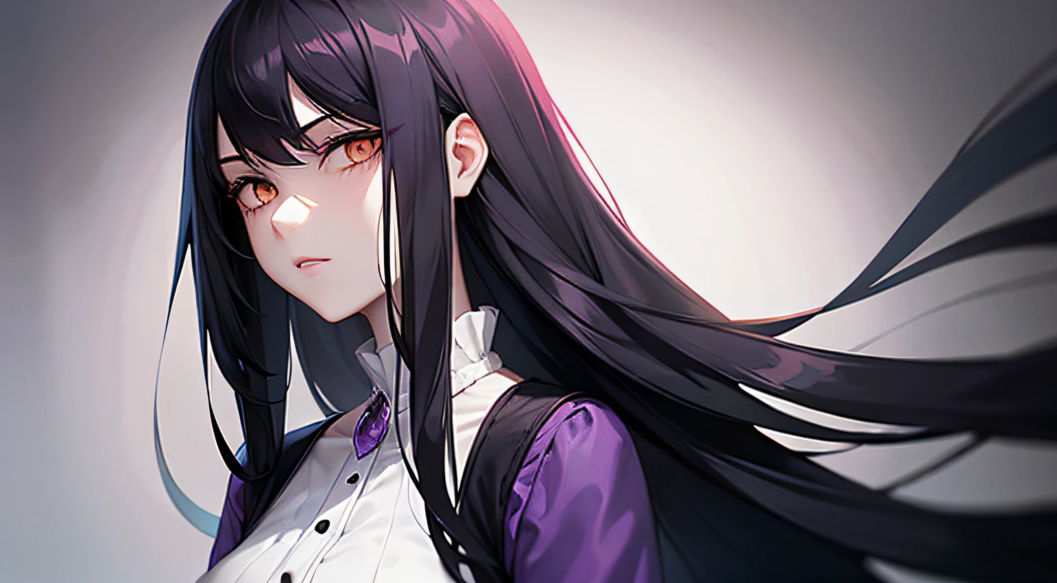 Girl with long black hair, amber eyes, pale skin, Elegant purple outfit