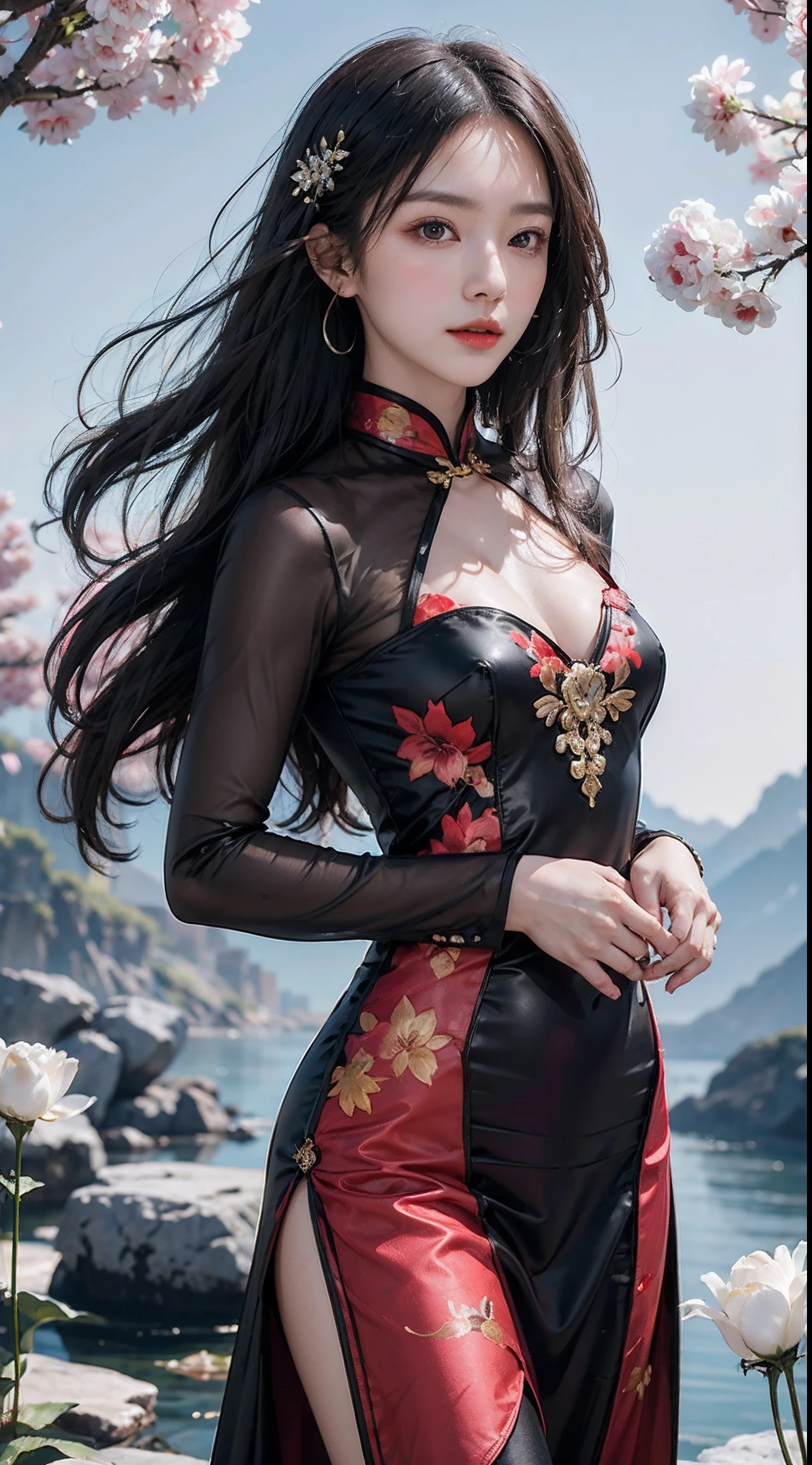 32K(tmasterpiece,k hd,hyper HD,32K)Long flowing black hair,ponds,zydink, a color, Xuzhou people (Seduce girls), (Red scarf in the snow), Combat posture, looking at the ground, long whitr hair, Floating hair, Carp pattern headdress, Chinese long-sleeved silver cheongsam, (Abstract gouache splash:1.2), Pink petal background,Tulips flying(realisticlying:1.4),Black color hair,Fallen leaves flutter,The background is pure, A high resolution, the detail, RAW photogr, Sharp Re, Nikon D850 Film Stock Photo by Jefferies Lee 4 Kodak Portra 400 Camera F1.6 shots, Rich colors, ultra-realistic vivid textures, Dramatic lighting, Unreal Engine Art Station Trend, cinestir 800,Long flowing black hair,see-through transparent clothes
