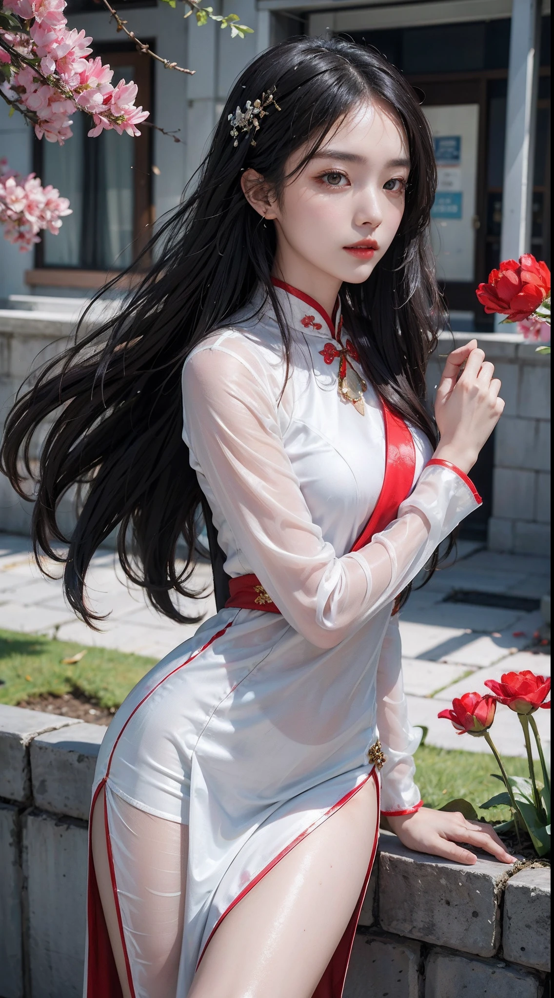 32K（tmasterpiece，k hd，hyper HD，32K）Long flowing black hair，ponds，zydink， a color，  Xuzhou people （Seduce girls）， （Red scarf in the snow）， Combat posture， looking at the ground， long whitr hair， Floating hair， Carp pattern headdress， Chinese long-sleeved silver cheongsam， （Abstract gouache splash：1.2）， Pink petal background，Tulips flying（realisticlying：1.4），Black color hair，Fallen leaves flutter，The background is pure， A high resolution， the detail， RAW photogr， Sharp Re， Nikon D850 Film Stock Photo by Jefferies Lee 4 Kodak Portra 400 Camera F1.6 shots, Rich colors, ultra-realistic vivid textures, Dramatic lighting, Unreal Engine Art Station Trend, cinestir 800，Long flowing black hair，see-through transparent clothes