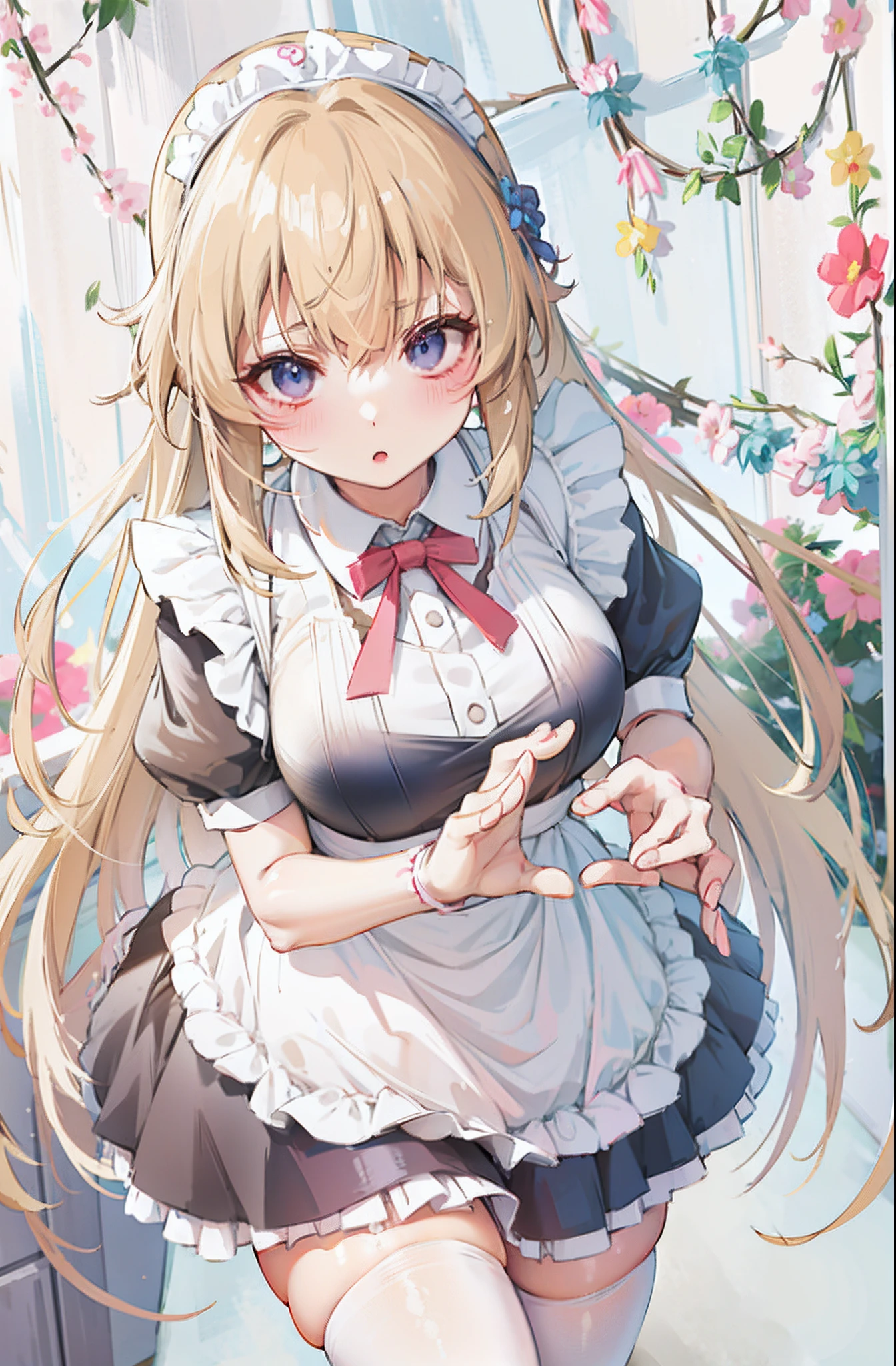 Anime girl in maid costume with flower background, loli in dress, Splash art anime Loli, anime girl in a maid costume, anime moe art style, small curvaceous loli, cute anime waifu in a nice dress, portrait of lolita, Loli, gorgeous maid, anime cat girl in a maid costume, Detailed key anime art, a maid in a magical forest