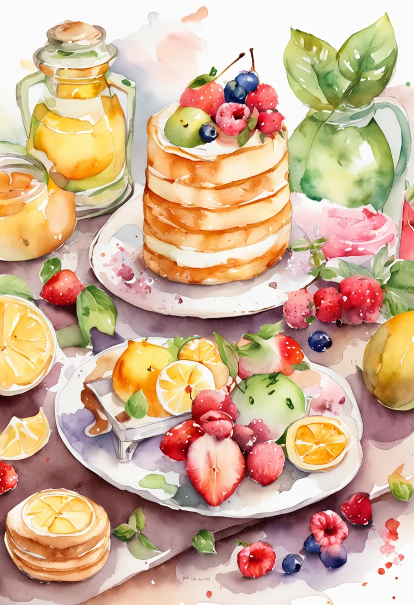 (pastelcolor:1.2)、(cute illustration:1.2)、(watercolor paiting:1.2)、white backgrounid、florals、green leaf、the fruits、tropical fruit、citric acid、acid、Sweet and sour、Light pinkish green throughout、Waffles、breads、delicacies、Cupcakes、Tiramisu、Cream cake、patisserie、high tea、dolce、Particles of Light、drinks、ice cubes、Still life photography