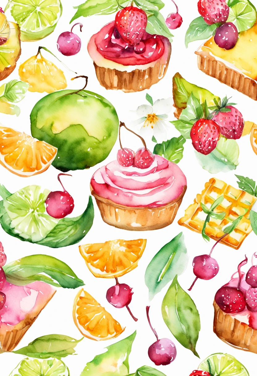 （pastelcolor:1.2)、(cute illustration:1.2)、(watercolor paiting:1.2)、white backgrounid、florals、green leaf、the fruits、tropical fruit、citric acid、acid、Sweet and sour、Light pinkish green throughout、Waffles、breads、delicacies、Cupcakes、Tiramisu、Cream cake、patisserie、high tea、dolce、Particles of Light、drinks、ice cubes、Still life photography