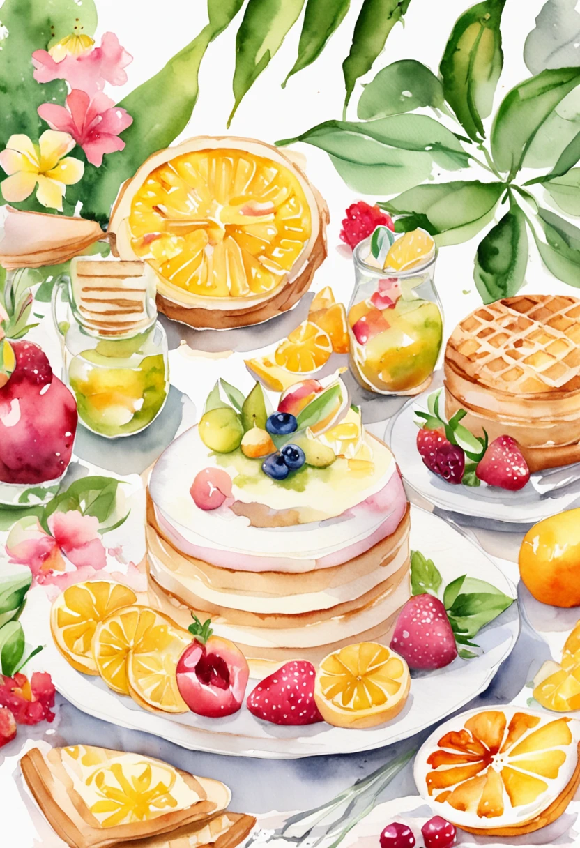(pastelcolor:1.2)、(cute illustration:1.2)、(watercolor paiting:1.2)、white backgrounid、florals、green leaf、the fruits、tropical fruit、citric acid、acid、Sweet and sour、Light pinkish green throughout、Waffles、breads、delicacies、Cupcakes、Tiramisu、Cream cake、patisserie、high tea、dolce、Particles of Light、drinks、ice cubes、Still life photography