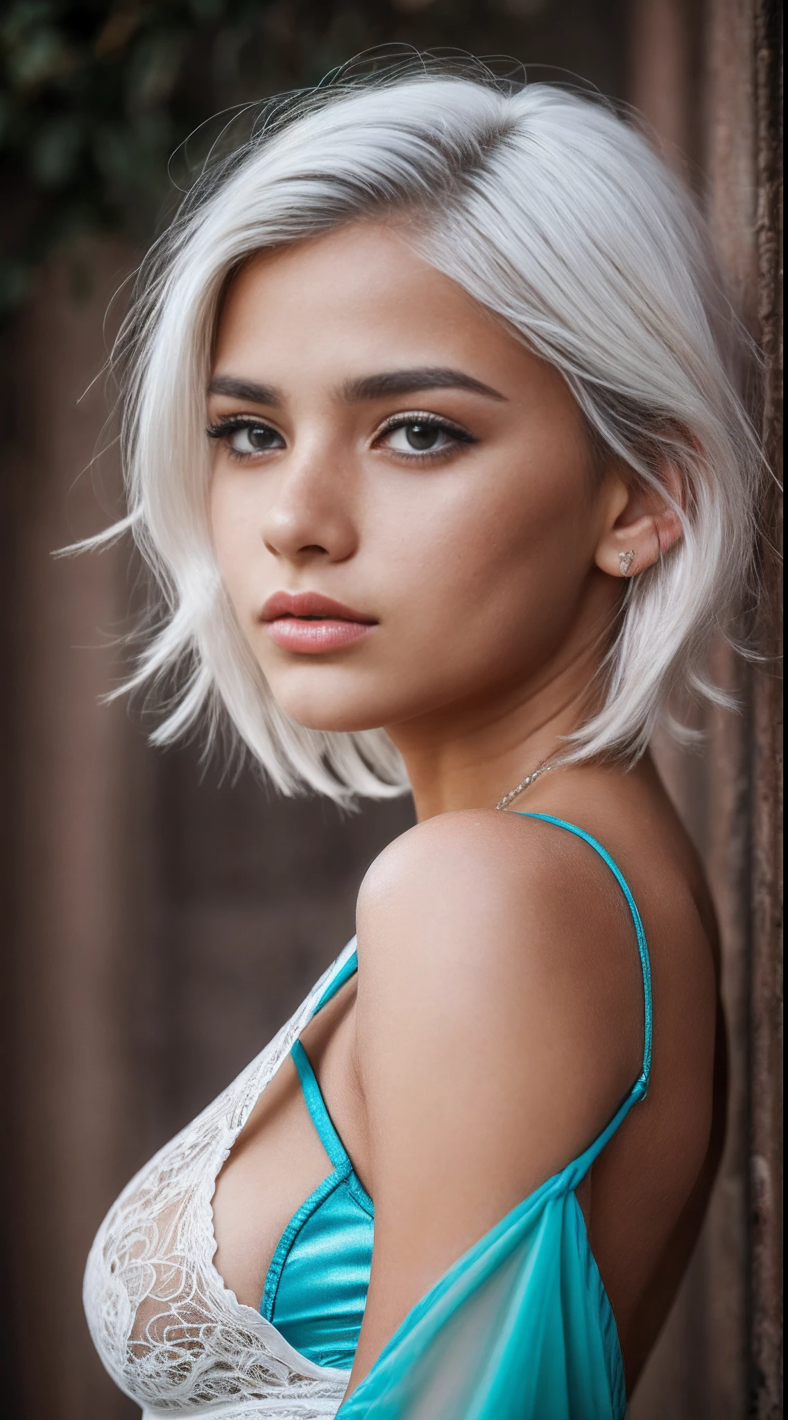 Top body photo of beautiful Moroccan teen looking away , (Stunning beautiful) , ((She looks afraid )), 1girl , (So cute) , Large full round detailed lips, sterling gray eyes color:1.4 ,soft round face shape , small upturned snub nose , Extremely long iris , beautiful eyes , soft botox lips , Skinny face , Face focus , (( Gentle facial features)), she is young and cute, so beautiful , Curly haircut , ((white hair color )),( Strong black mascara ), (Realistic detailed eyes), Wearing light turquoise latex body suit , Masterpiece, Professional photo , Fantasy , Realistic, Huge image size , Absurd , Best quality ,DoF bokeh, DSLR photography, 8k, 20 megapixel, glamour shoot, contrast, textured skin, light freckles,hard light, gigapixel, flawless face, Side view, White background, Strong straight lighting, light on face