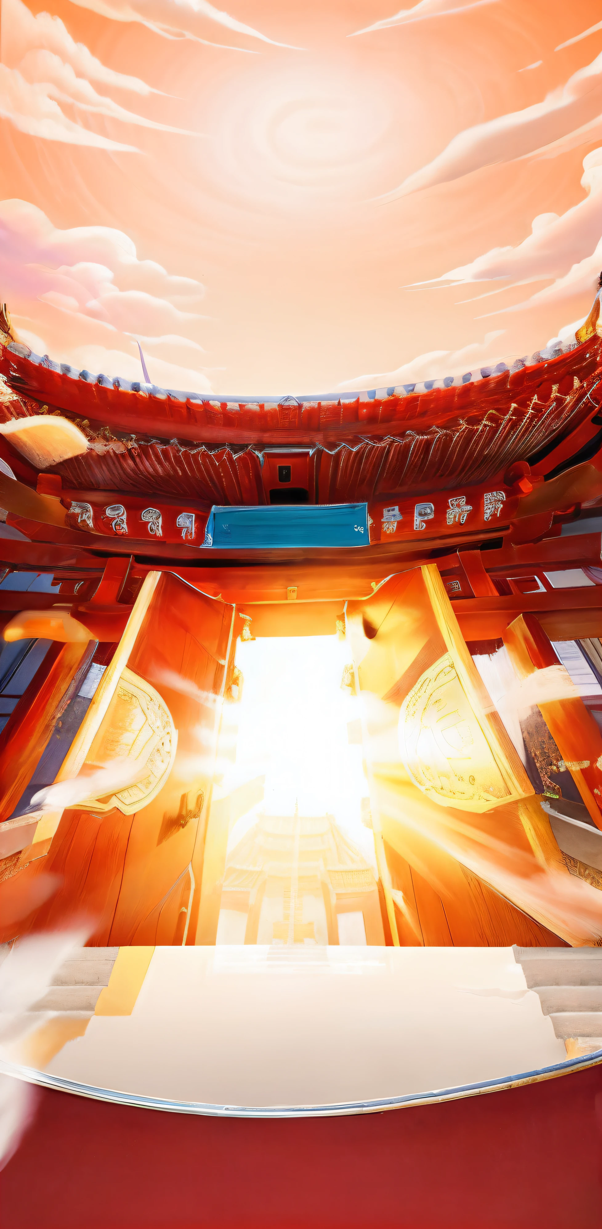 Top-down view，Open the door to China，The eaves of ancient China，jubilation。There are steps in front， There are auspicious clouds behind it