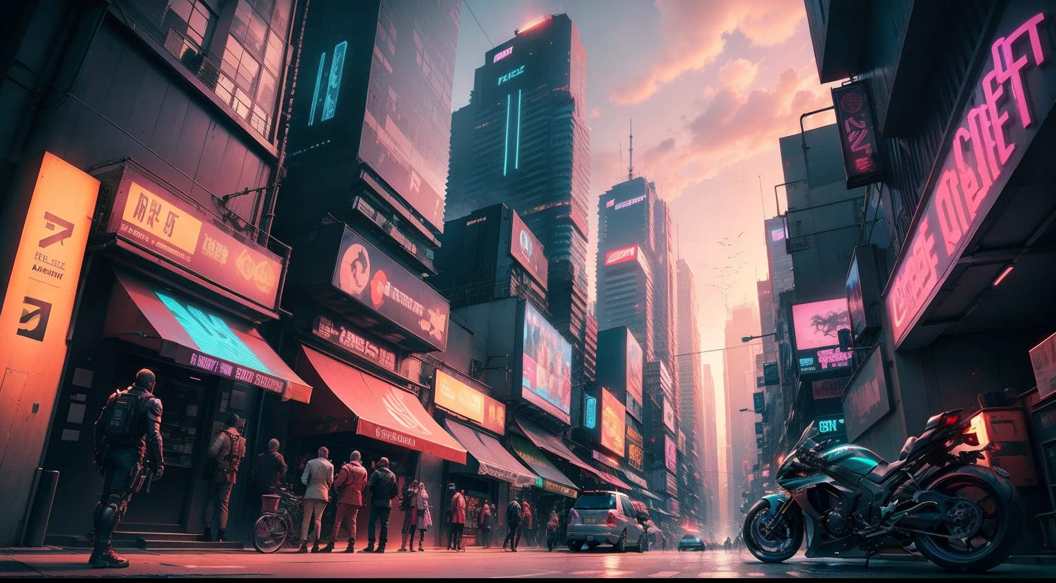 street level shot of a busy futuristic city street metropolis day, sunset, cyberpunk, neon lights