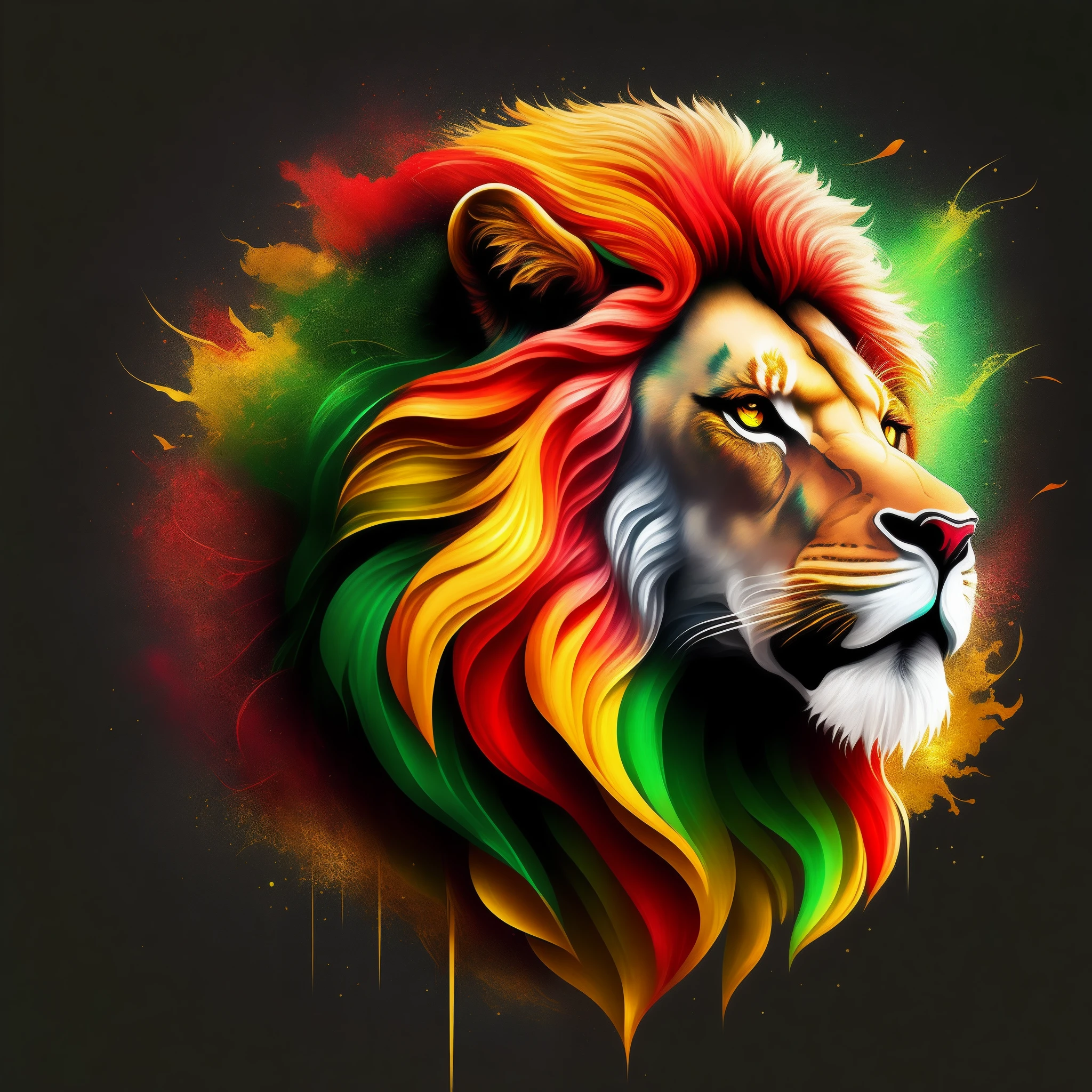 illustration logo style of a majestic lion with golden crown, redn green and yellow splashes, surrounded by colorful thunder and lightning, bright colors, high dedinition, fine details, pro vetor, 2D rendered