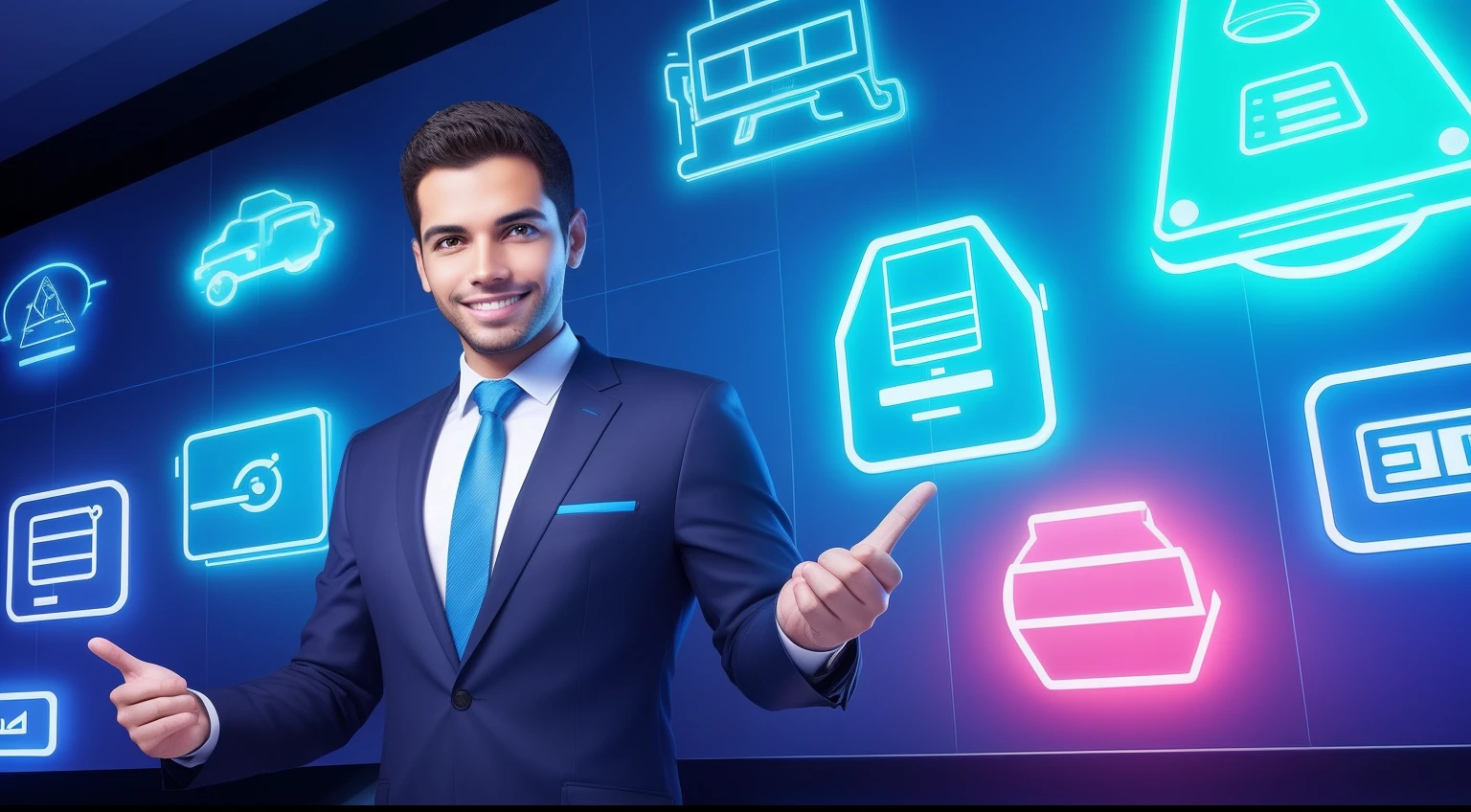 successful and happy entrepreneur, imagem do tipo empresarial, efeitos modernos que remetem a tecnologia, efeitos em neon e tons de azul