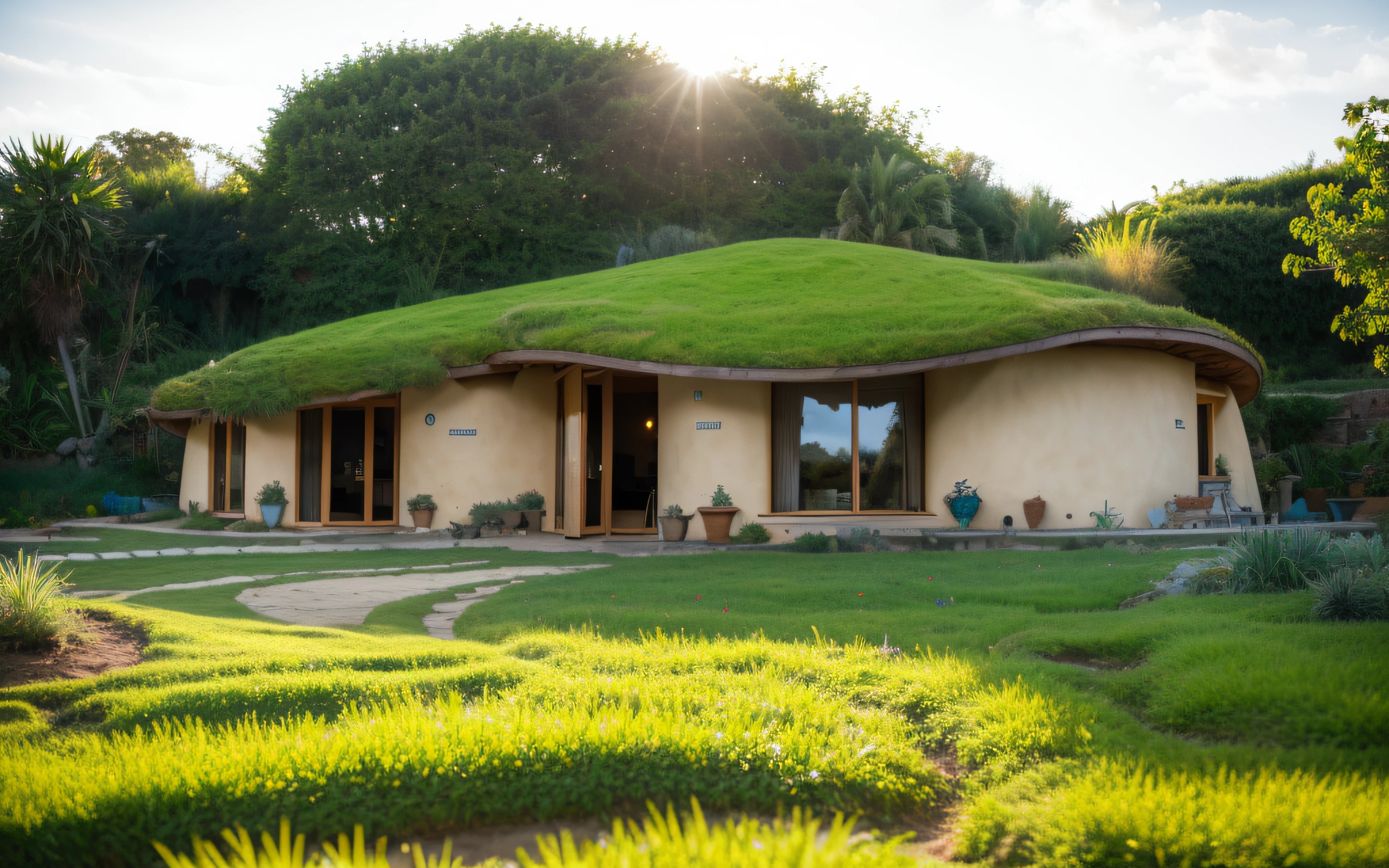 A imposing symetric contemporary modern hobbit house with a organic curved walls in tropical garden, plaster (((rustic mud stucco))) and a (((wave shape greenroof with a wood edge))), (((wood and rake fascia roof))), eaves, porch, ((timber frame roof)), in the bali (((tropical backyard))), ((rounded corners walls)), ((rustic mud plaster)), (((curved organic rounded corners walls))), (((rustic earth plaster, mud clay stucco))), natural houses, bali style, Organic Buildings, Organic Architecture, Earthworks, Ecovillage, Sustainable Architecture, Biobuilding, Solarpunk Architecture, (((Grass Roof, Green Roof, Green Wave Roof, Rounded Roof, vegetated roofs))), green architecture, Passive house, Rock Foundation, clean sky in background, Interdimensional Villa, a painful beauty, organic architecture, green house, Super Resolution, cinematic, color grading, editorial photography, photography, Photo Shoot, 3/4 views, 3 / 4 views, 3 / 4 extra - wide shot, front view dramatic, Spring 50mm, Depth of Field, Intricate Details, Natural Colors, Sharp Focus, Warm Light, Shutter Speed 1/1000, F/22, White Balance, Ray Trace Reflections, Lumen Reflections, Screen Space Reflections, Diffraction Classification, Chromatic Aberration, GB Offset, Partial Illumination, Backlight, Natural Illumination, Sweep Lines, Ambient Occlusion, Anti-Aliasing, Shaders, OpenGL-Shaders, GLSL-Shaders, Post Processing, Post Production, The Shading, Tone Mapping, Insanely detailed and intricate, hypermaximalist, elegant, hyperrealistic, super detailed, dynamic pose, Fujifilm XT3