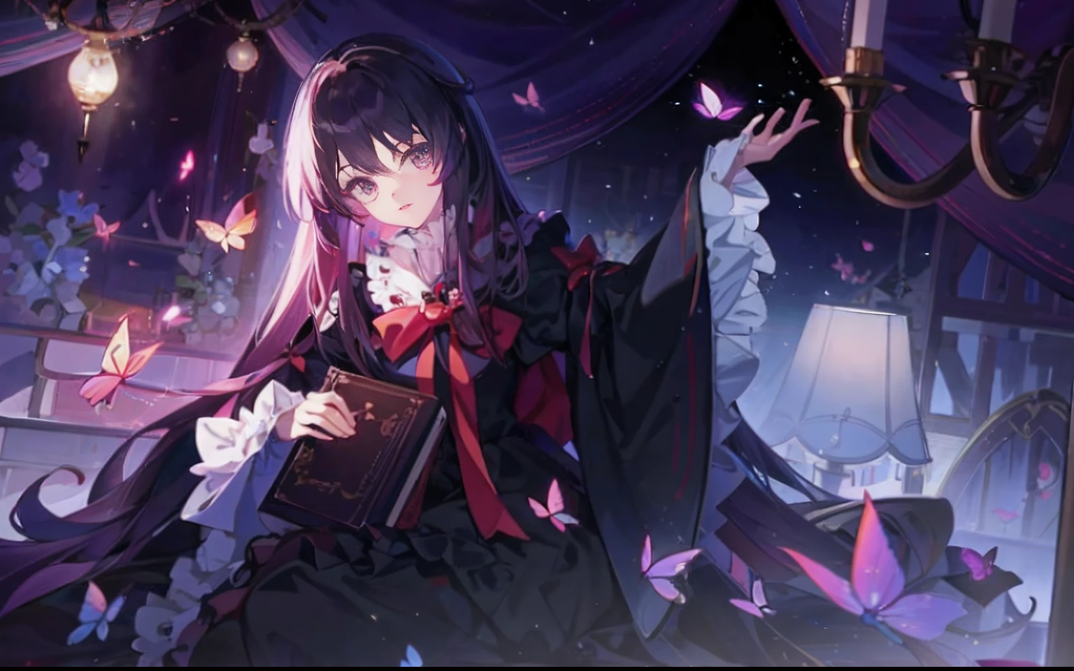 Anime girl holding bang magic wand in her hand，Fireflies flew around her, Kawasi, anime moe art style, anime wallaper, nightcore, anime visual of a cute girl, gothic maiden anime girl, light novel cover art, High Quality Anime Art Style, Anime fantasy illustration, Anime art wallpaper 8 K, touhou project official artwork, from touhou, Guviz